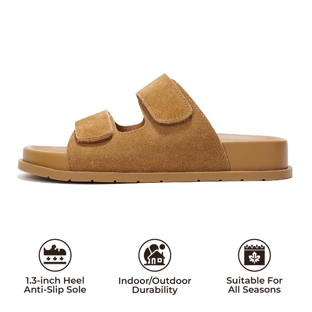 Tan suede Project Cloud "Sleek" Platform Sandals, adjustable straps, memory foam, 1.3" heel.