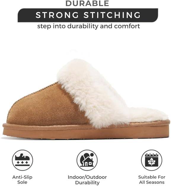 Project Cloud Henka Women's Shearling Slippers: Durable suede, strong stitching, anti-slip sole, and indoor/outdoor wear.