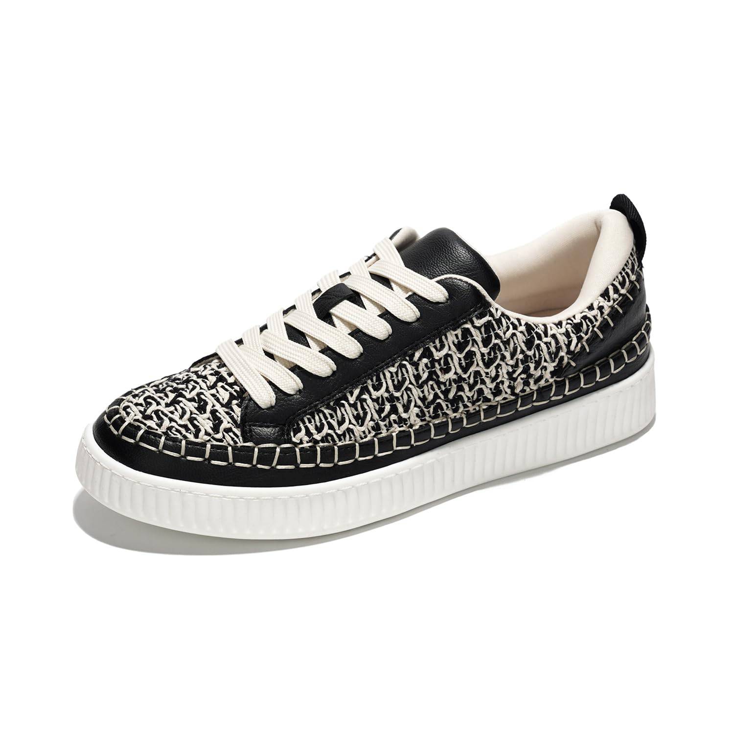 Project Cloud Lona Women's Black and White Woven Sneakers, Memory Foam, Non-Slip Sole