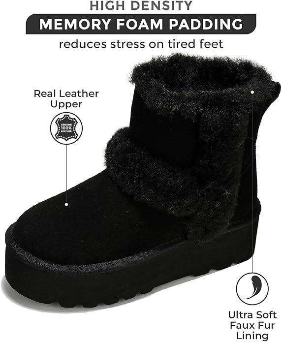 Black Project Cloud Furby suede boots with memory foam, faux fur lining, and real leather upper.