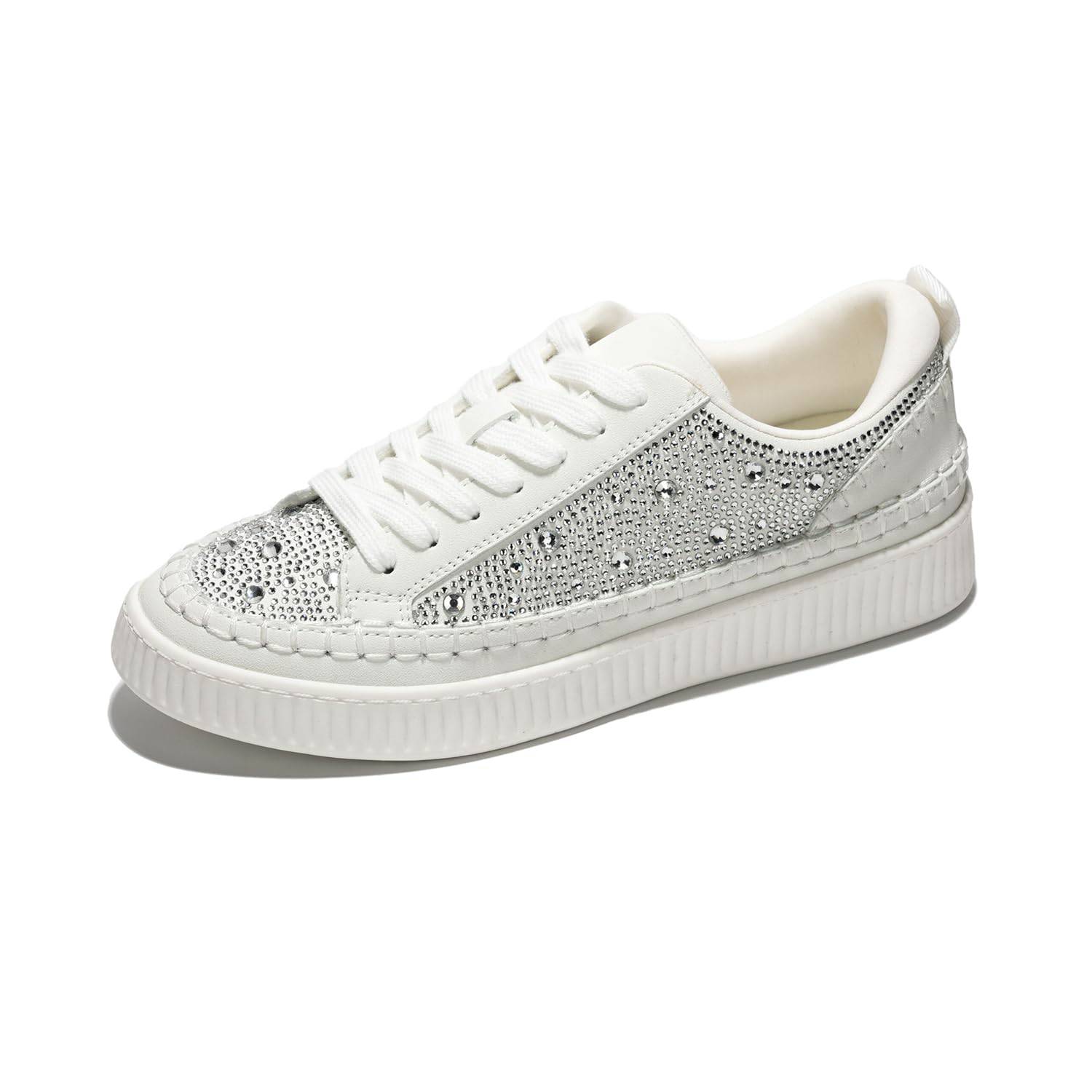 White Lona Women's Sneakers with Rhinestone Detail - Vegan Leather, Memory Foam, Non-Slip Sole