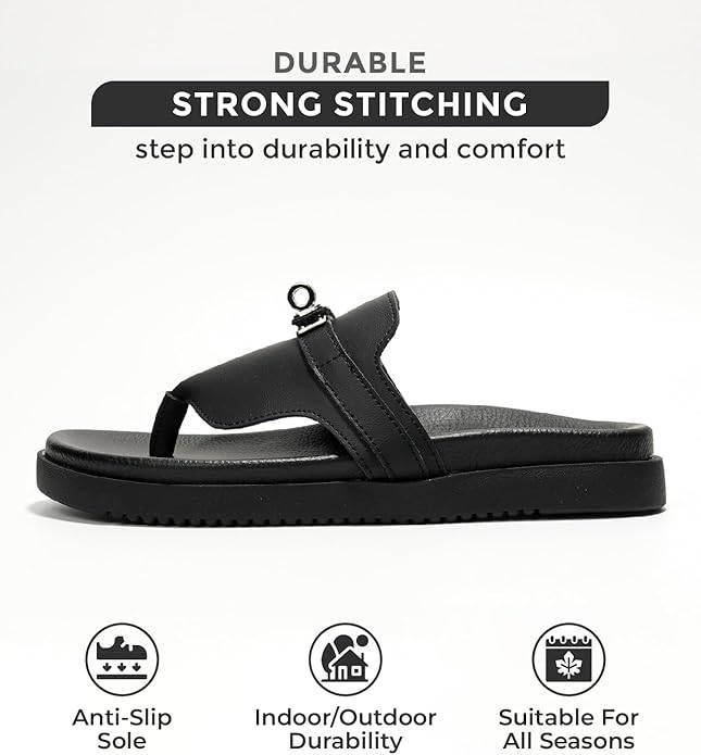 Project Cloud Vita Black Leather Sandals with Strong Stitching - Durable, Slip-on Slides for Women, Anti-Slip Sole