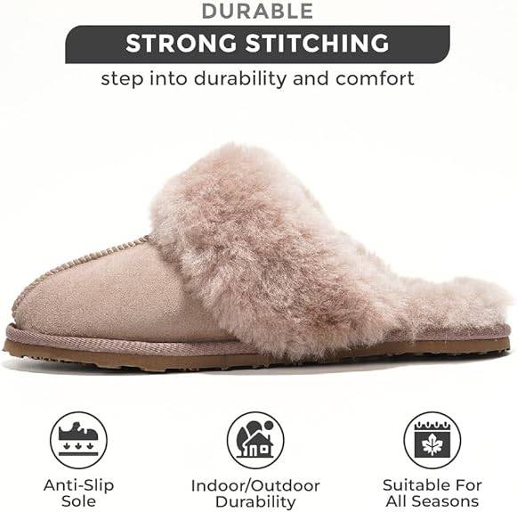 Project Cloud Lynsey blush suede slipper with sheepskin fur, strong stitching, and anti-slip sole.