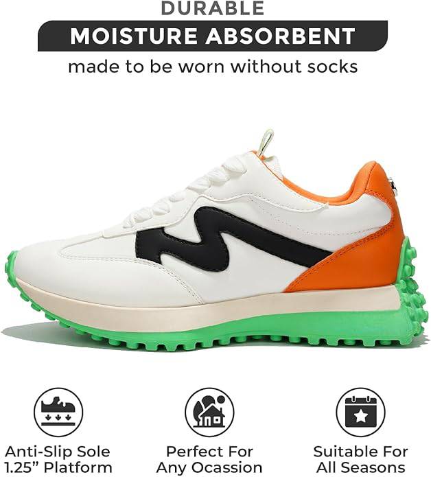 Project Cloud women's sneaker, white, orange, black accents, anti-slip, moisture-absorbent, durable.