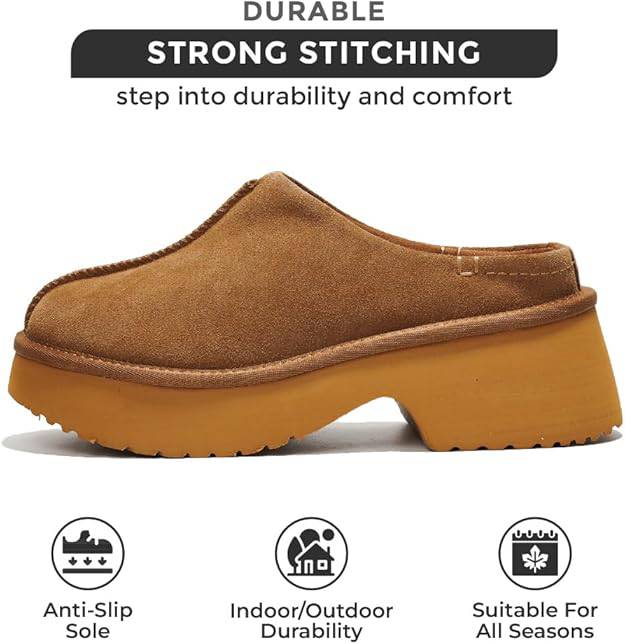 Tan suede Project Cloud Johnna mules: durable, non-slip, all-season comfort for women.