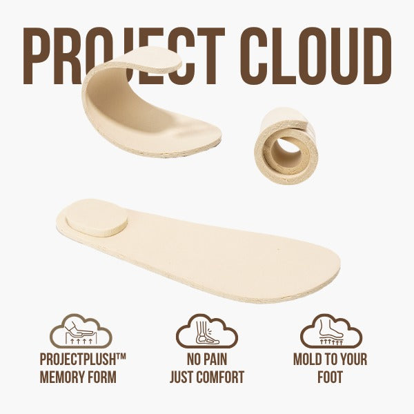 Project Cloud sandal insoles showcasing ProjectPlush memory foam, cork footbed, and comfortable design.