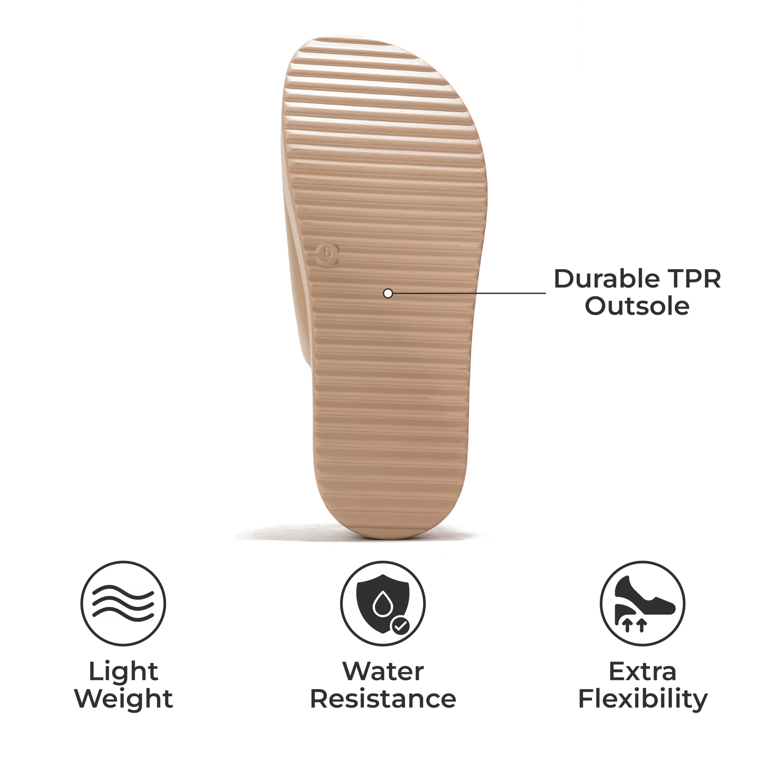Softy beige platform sandal sole, showing durable TPR outsole, water resistance, and extra flexibility.