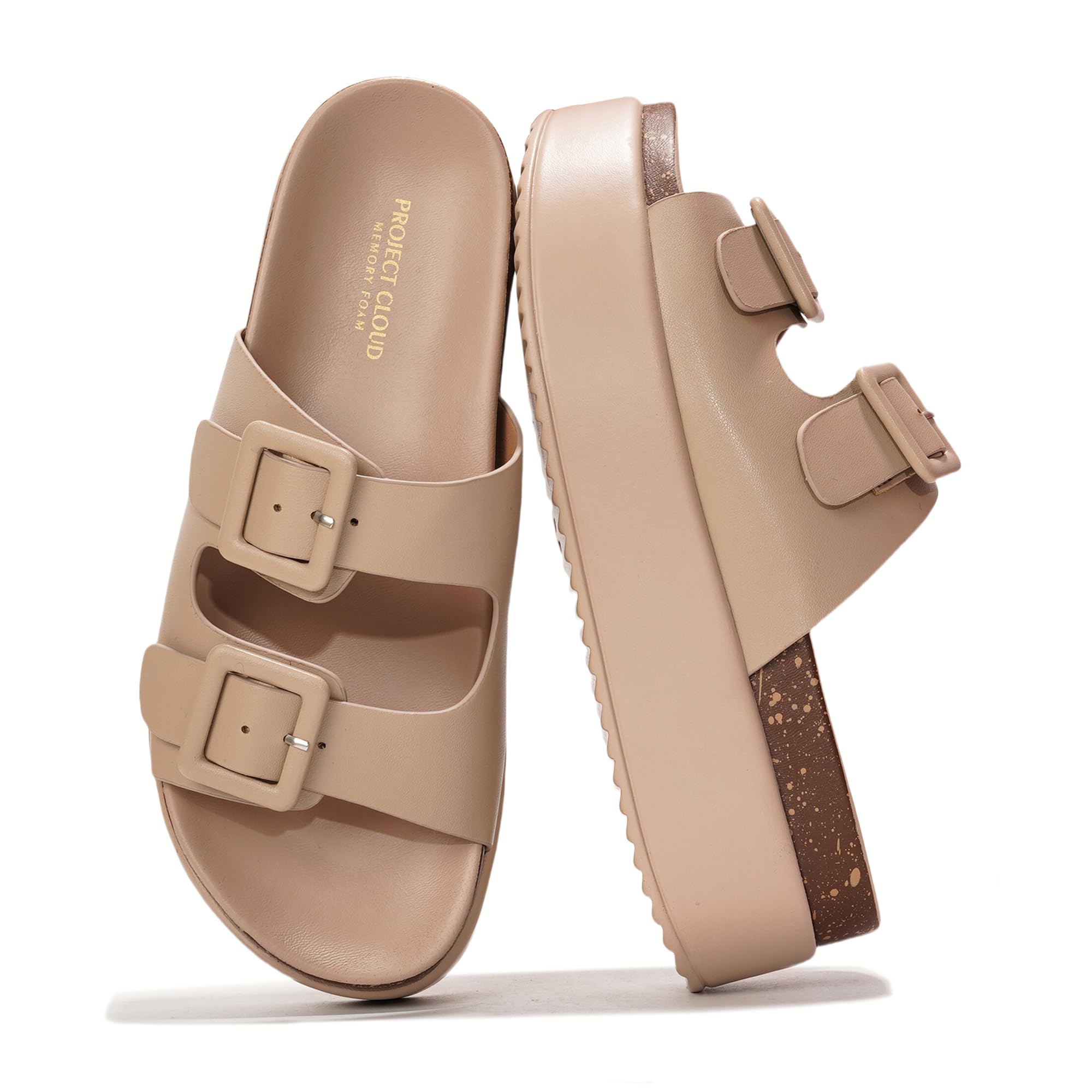 Project Cloud "Softy" platform sandals in beige vegan leather with ProjectPlush memory foam and buckle detail.