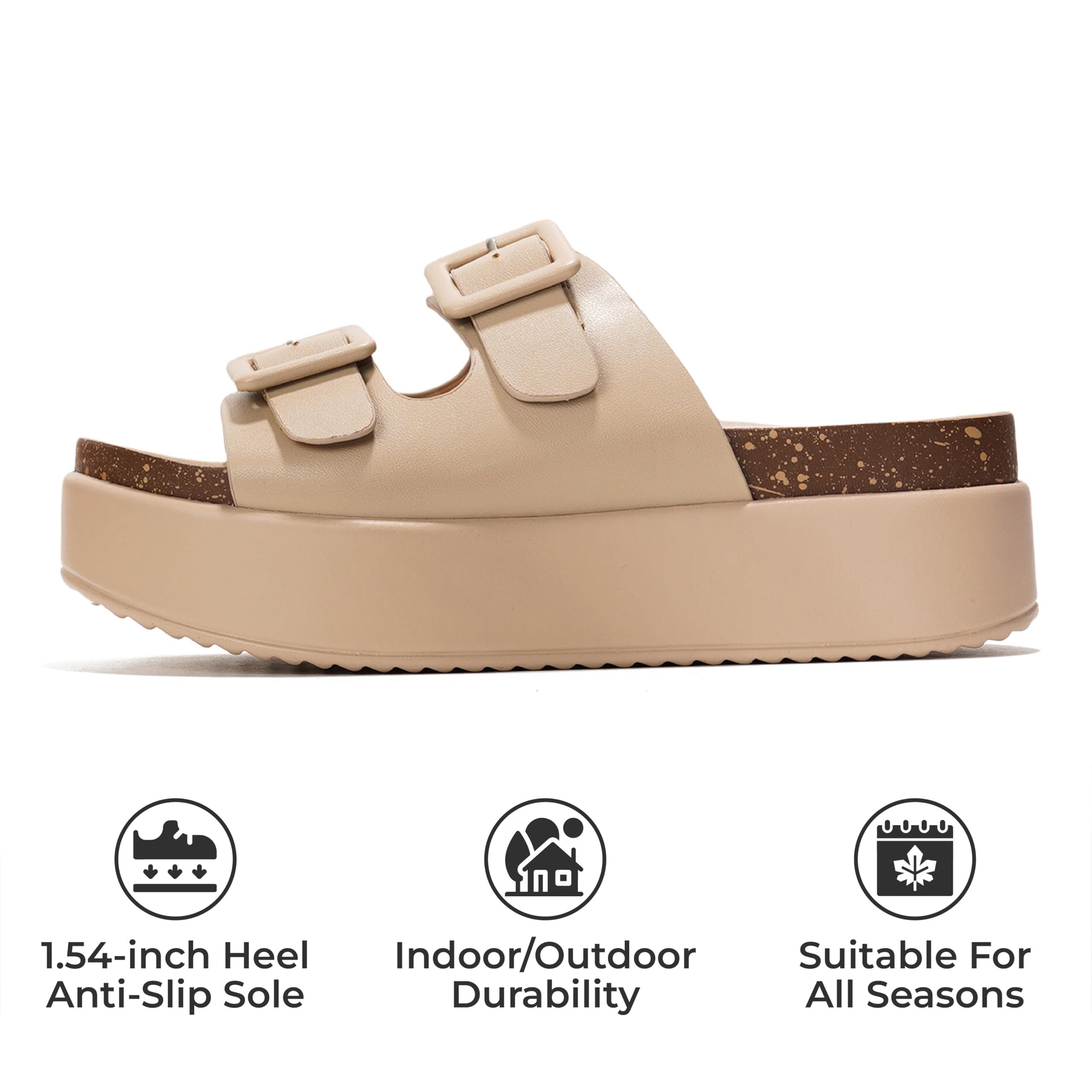 Project Cloud Softy beige platform sandals with anti-slip sole, cork footbed. Vegan leather, all seasons.