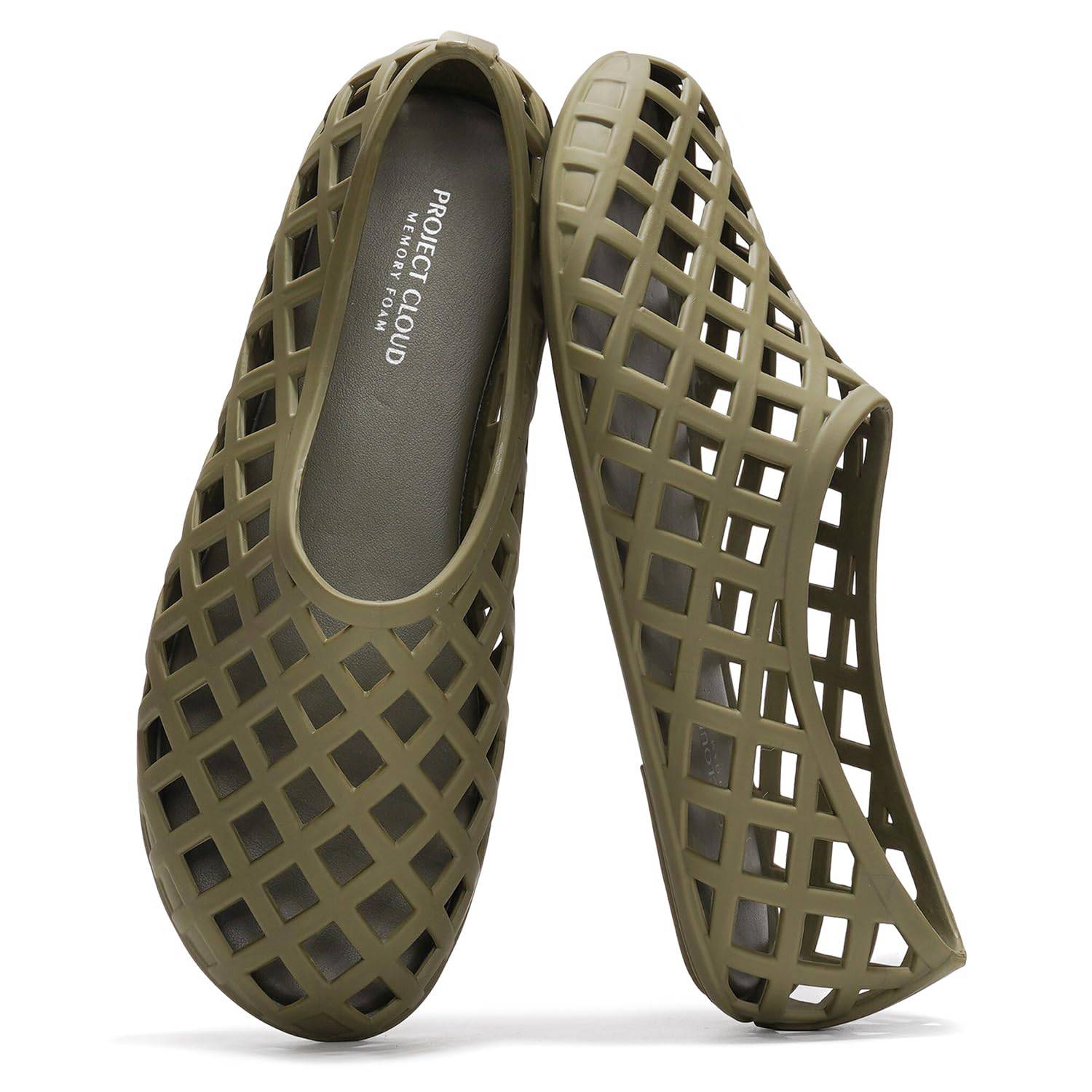 Project Cloud Jellz olive green ballet flats with openwork design. Waterproof, memory foam womens shoes perfect for summer.