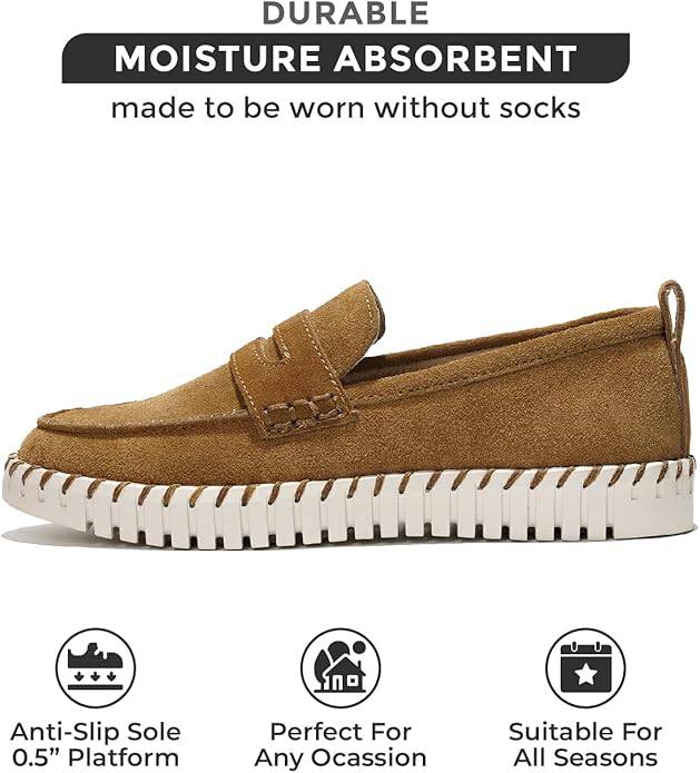 Filide tan leather loafers: durable, moisture-absorbent, non-slip, all-season comfort for women.