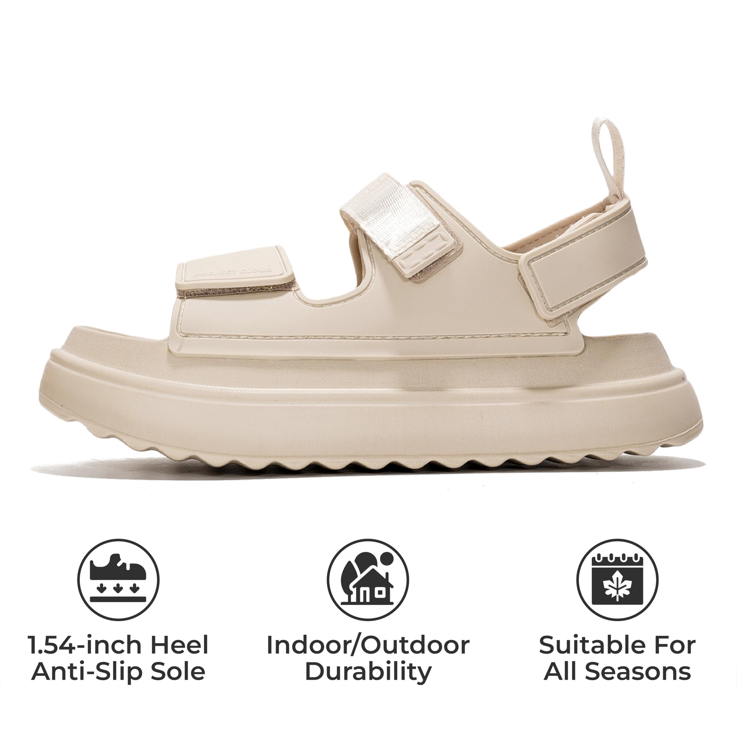 Project Cloud Goldie beige sandals for women: adjustable straps, anti-slip sole, 1.54-inch heel, all-season wear.