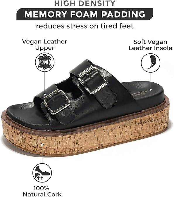 Project Cloud black vegan leather wedge sandals with memory foam insole, cork sole, and buckle detail