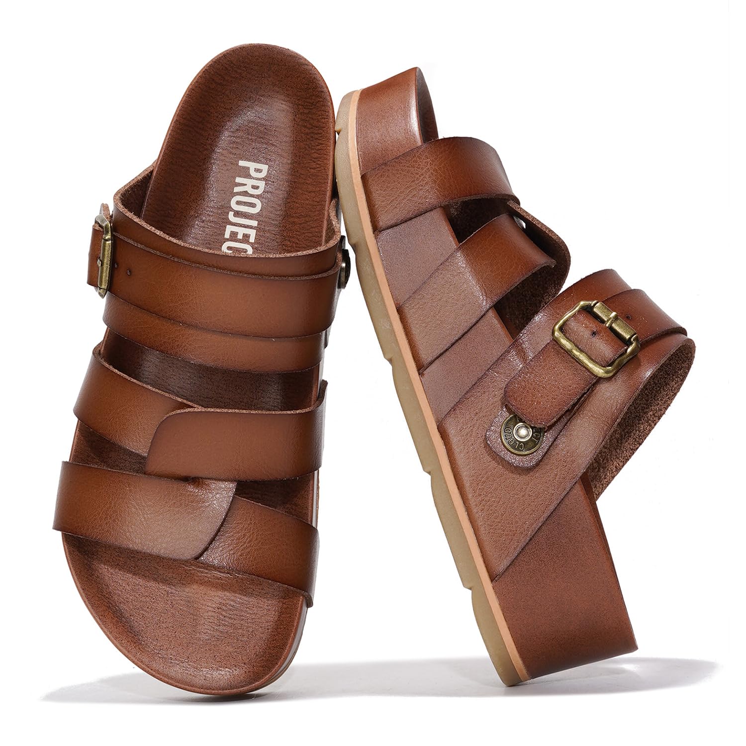 Project Cloud Proud Vegan Leather Sandals in brown, featuring buckle detail and memory foam sole.