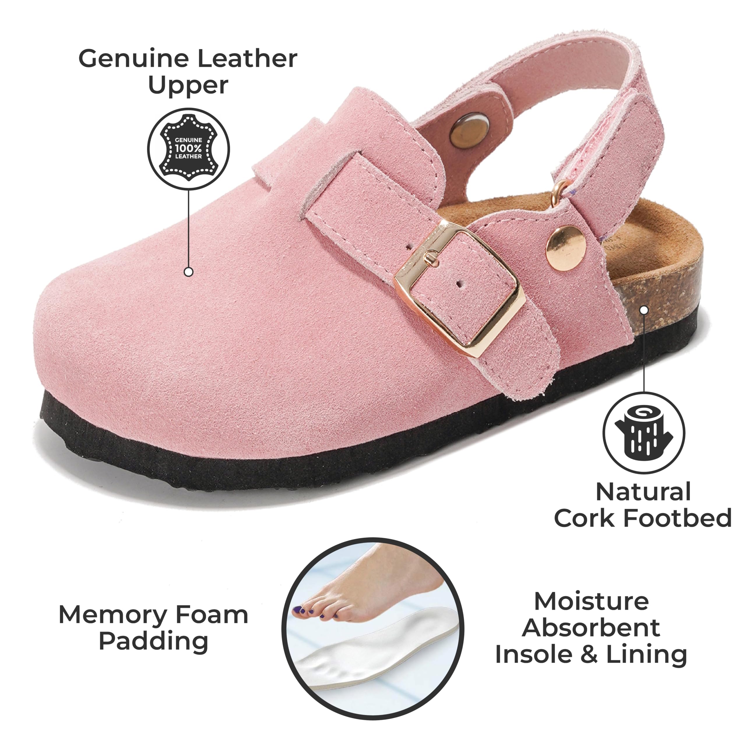 Project Cloud BentonKids pink leather clogs for kids with cork footbed, non-slip and arch support