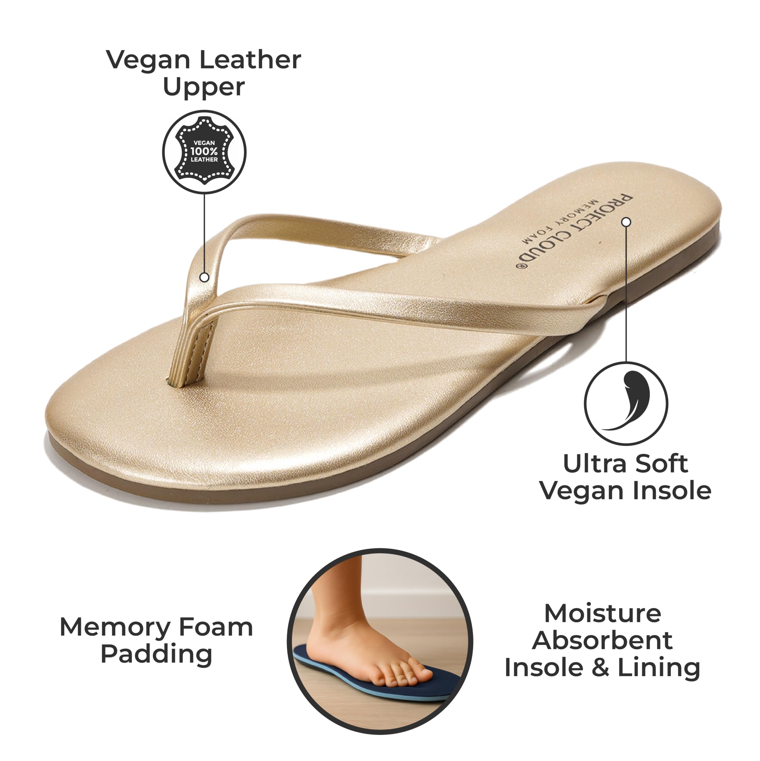 Project Cloud Little Foundations gold vegan leather flip-flops with memory foam, designed for kids' comfort and style.