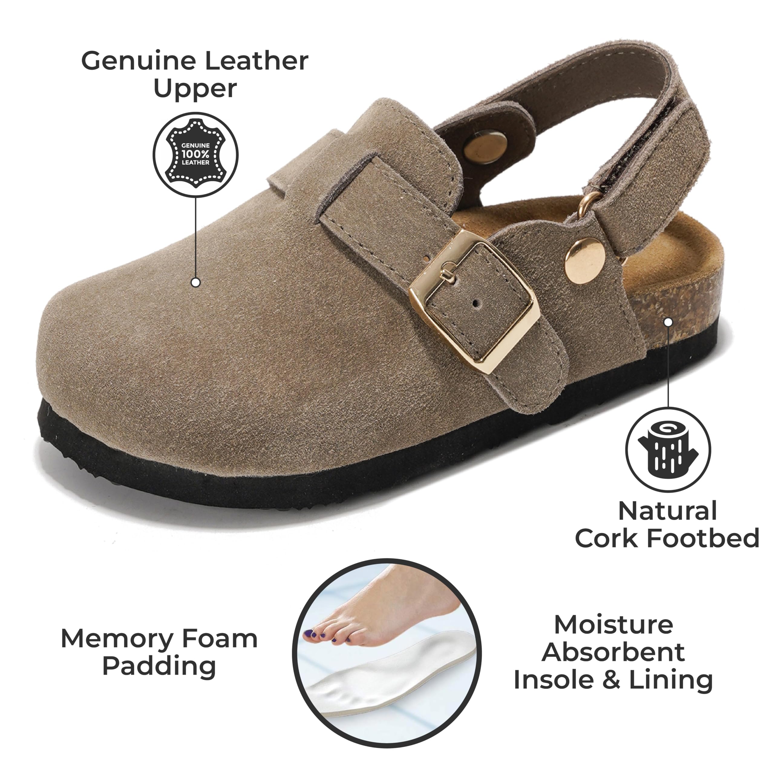 Project Cloud Kids taupe leather clogs with cork footbed and memory foam, moisture-wicking lining.