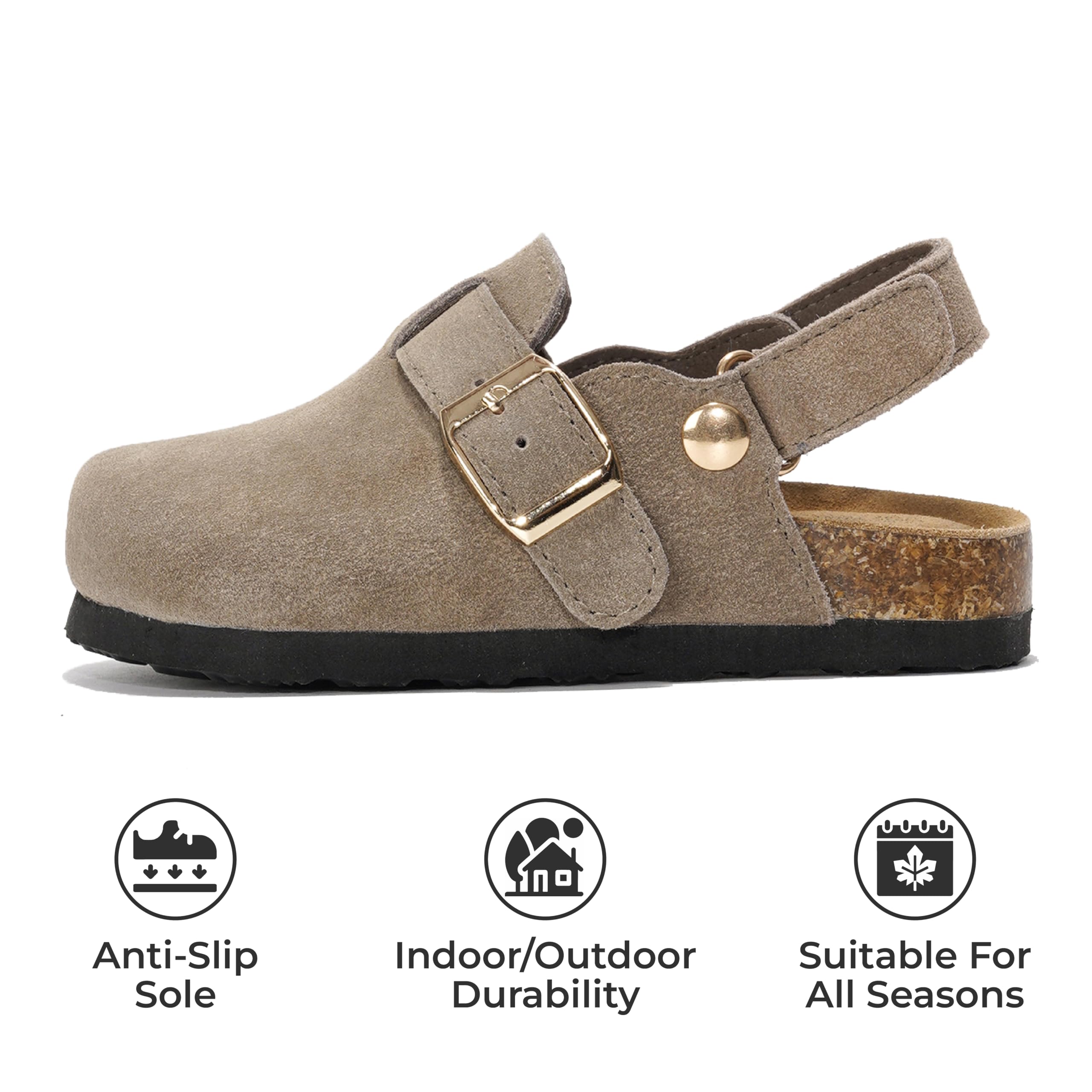 BentonKids taupe leather kids clogs with adjustable strap, cork footbed, non-slip.