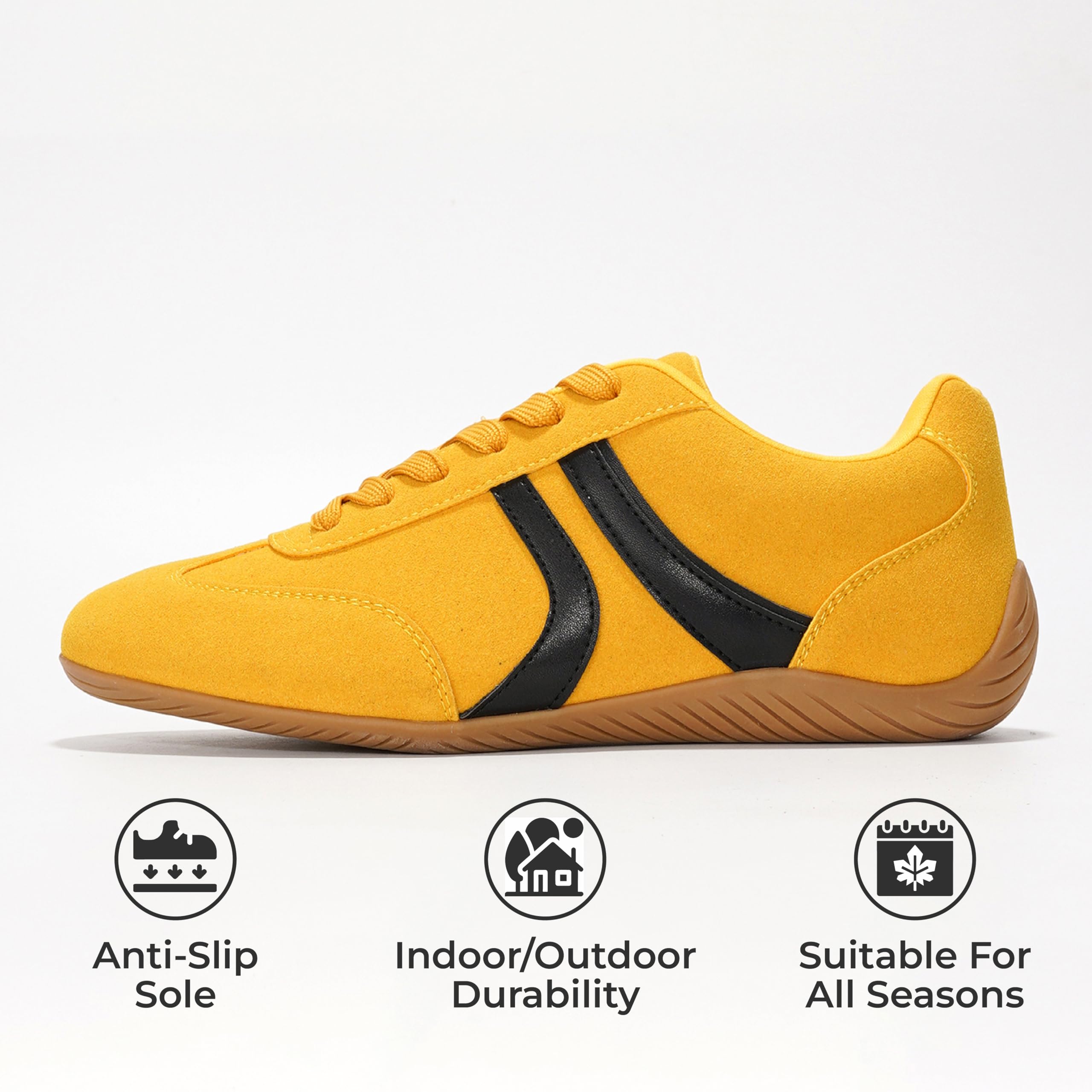 Project Cloud Goal Sneakers for women: Yellow suede with black accents, non-slip sole, suitable for all seasons.