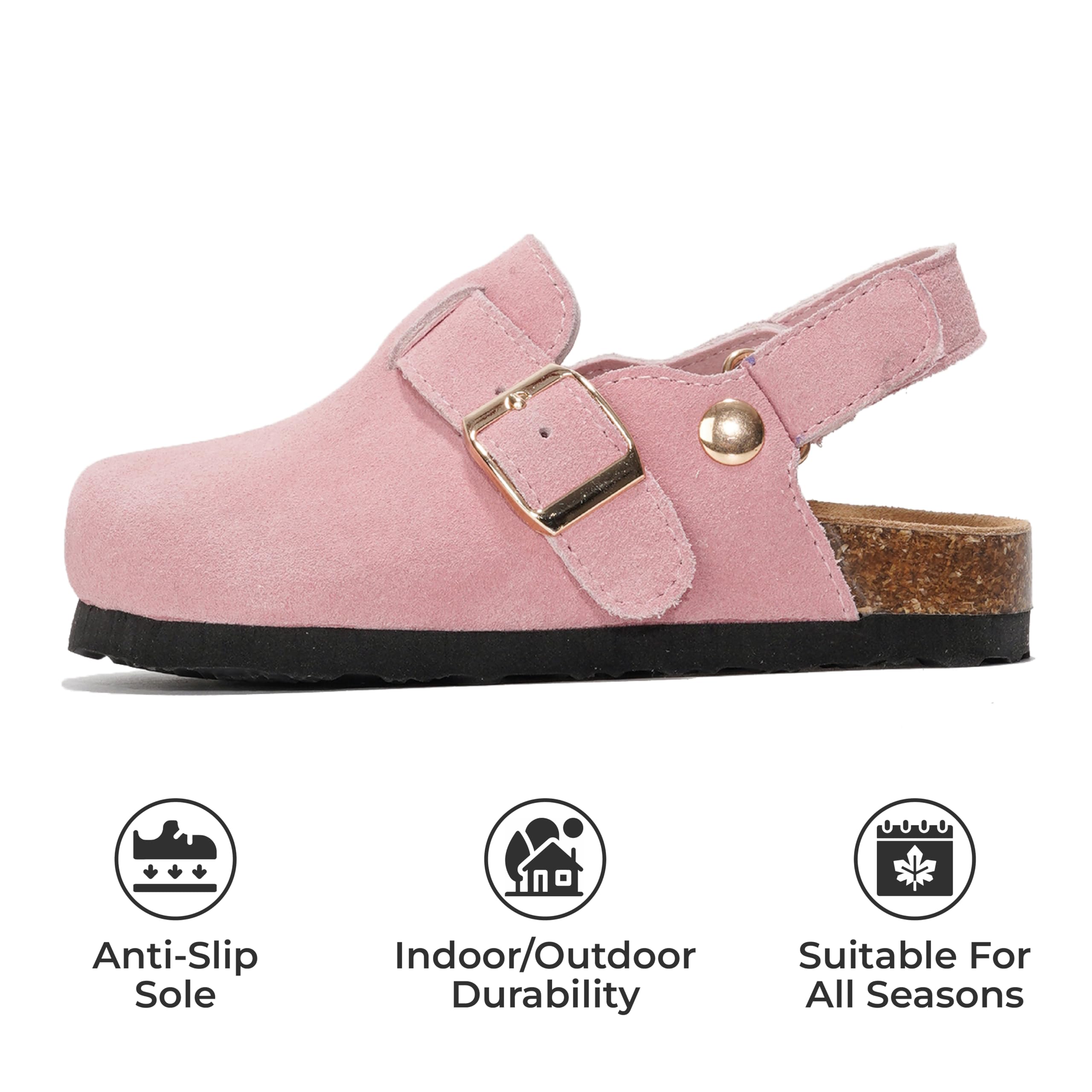 Project Cloud BentonKids pink leather clogs for kids with adjustable strap, non-slip sole, and cork footbed.