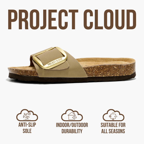 Project Cloud Mykonos sandal, leather upper, cork footbed, anti-slip sole, indoor/outdoor durability, all-season wear.
