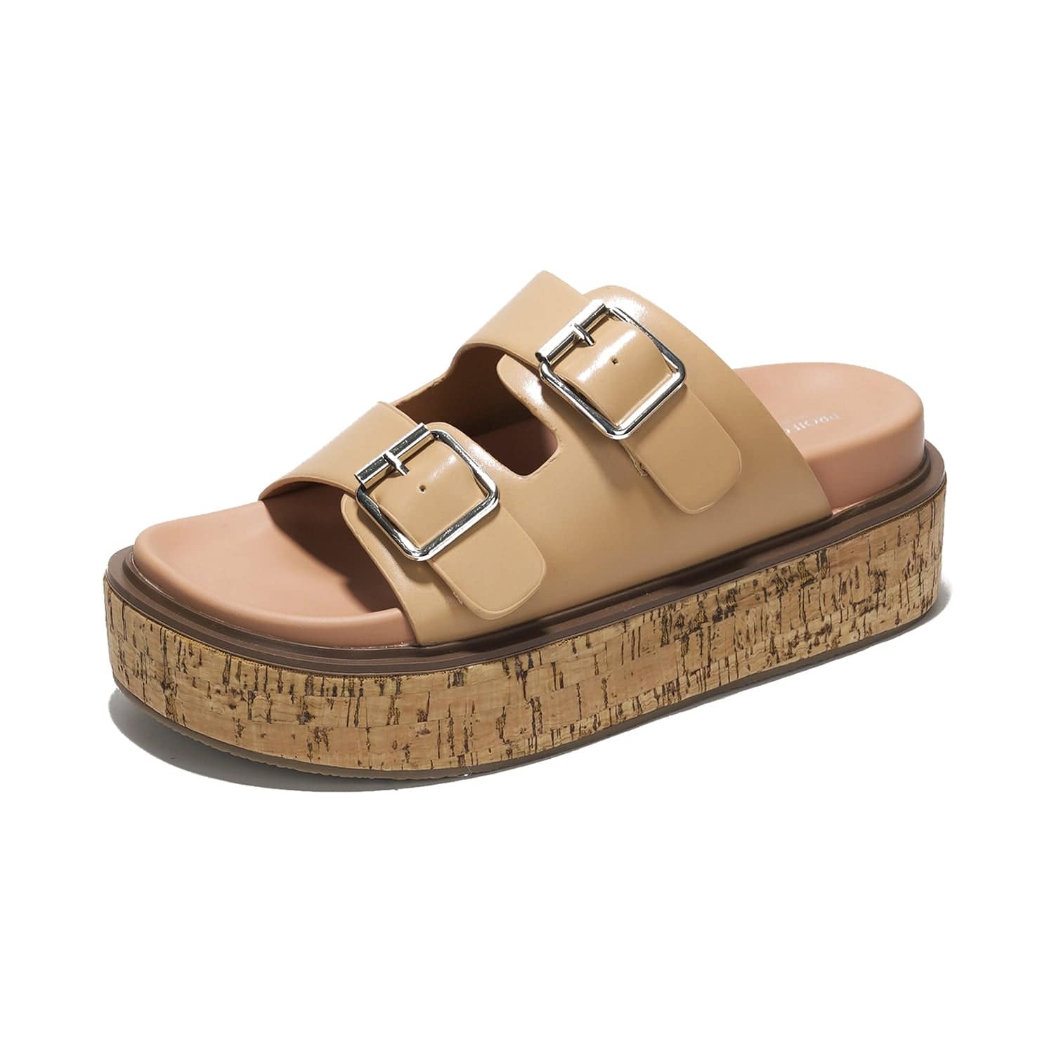 Beige vegan leather sandals with cork platform and buckle, Project Cloud, ProjectPlush, lightweight, anti-slip