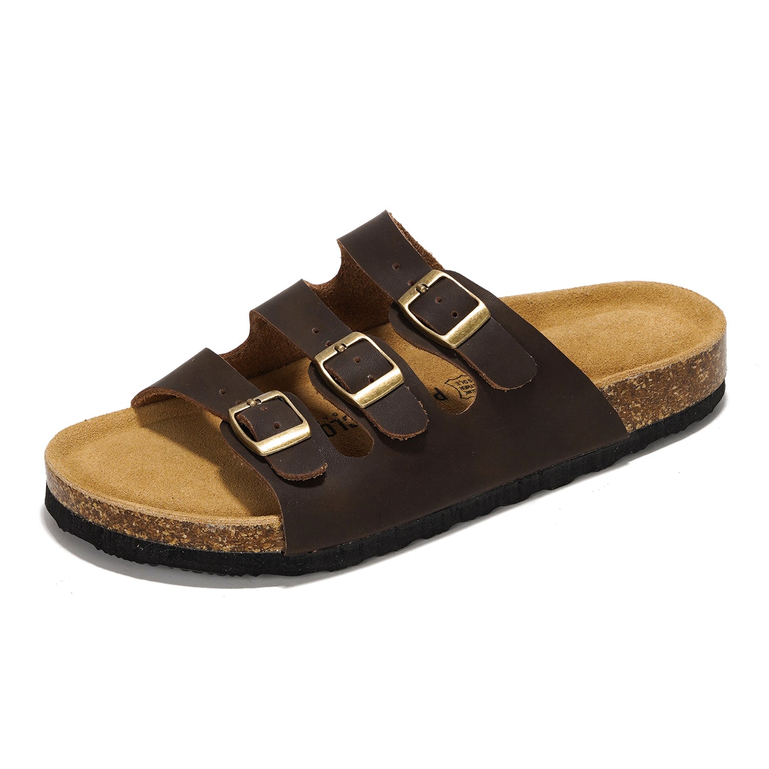 Project Cloud Capri sandal in brown leather. Triple-strap design with cork footbed for summer comfort and style.