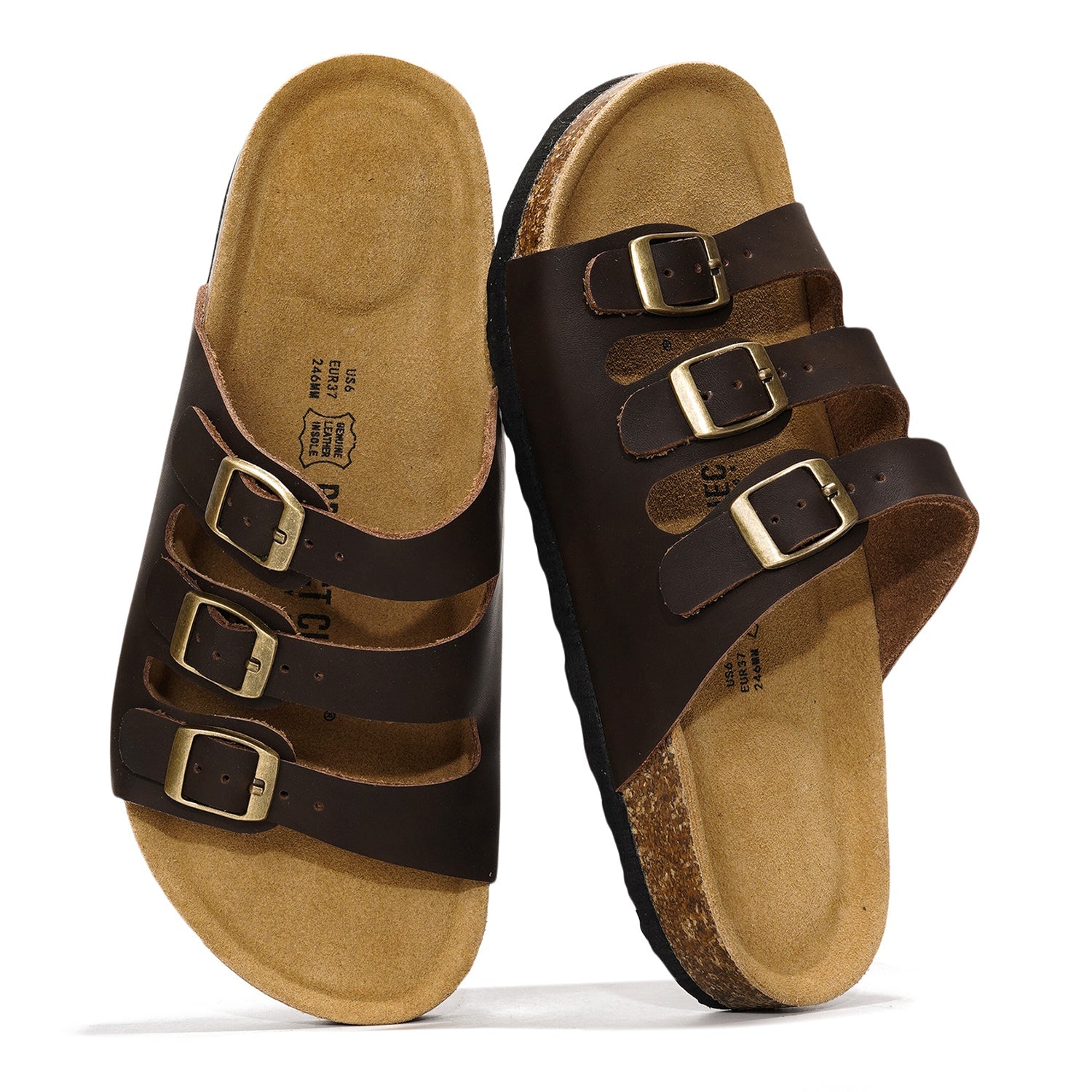 Project Cloud Capri Sandal in brown leather, triple straps, cork footbed, emphasizing style and comfort.