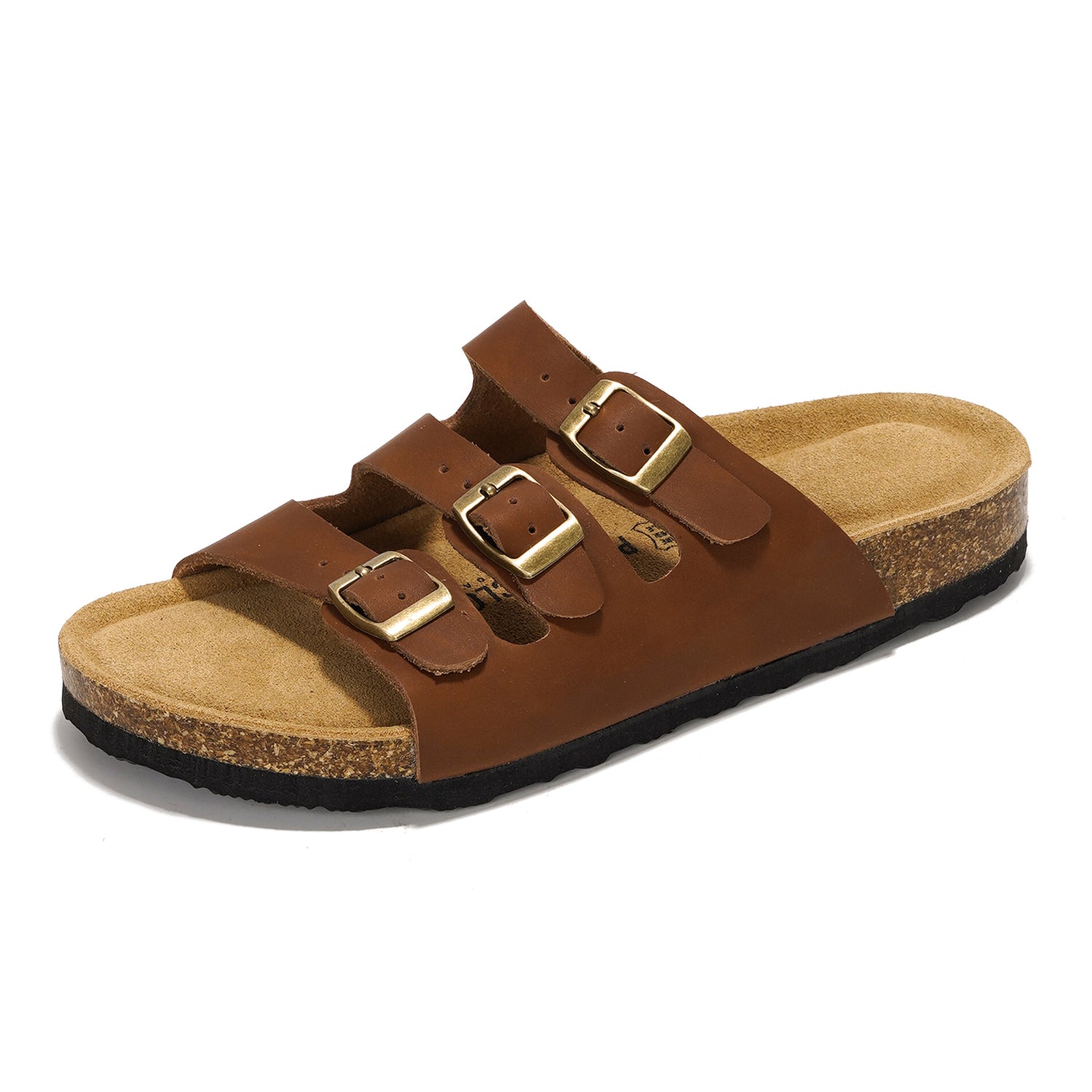 Project Cloud Capri sandal in brown leather. Adjustable triple straps, cork footbed for summer comfort and style.