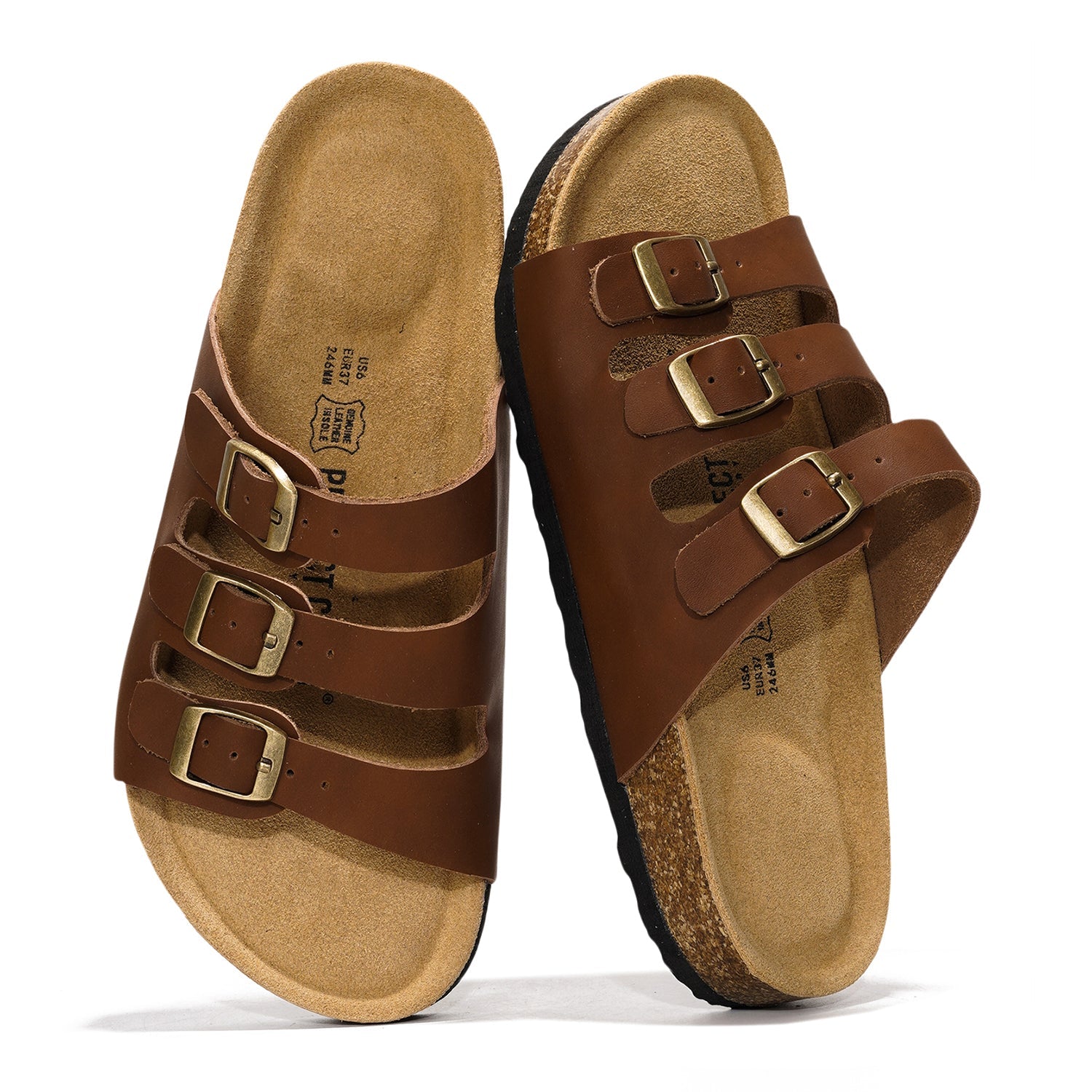 Project Cloud Capri Sandal in brown leather, triple straps, cork footbed, buckle details. Genuine Leather Insole.
