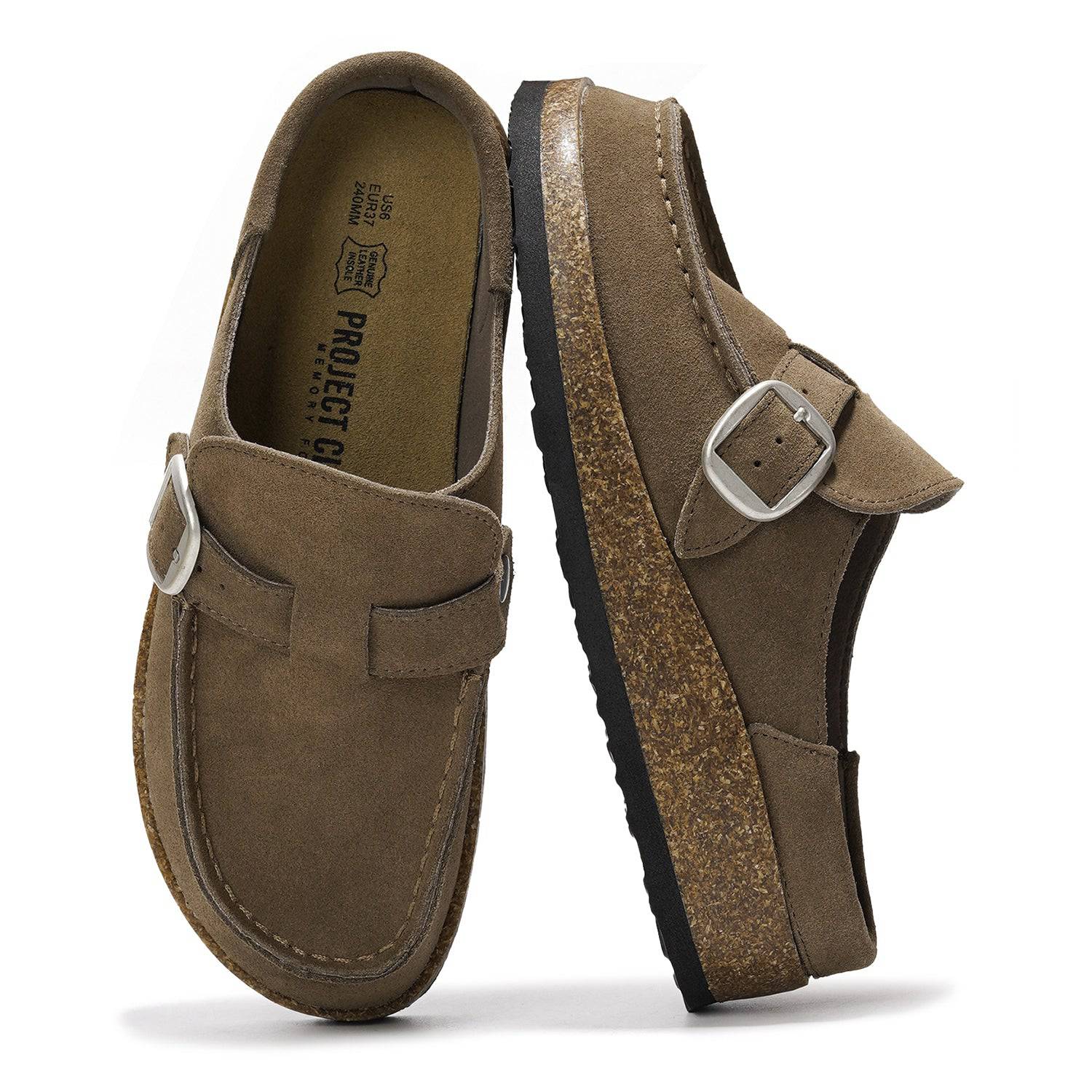 Project Cloud Carline clogs for women featuring genuine leather, buckle detail and memory foam insole.