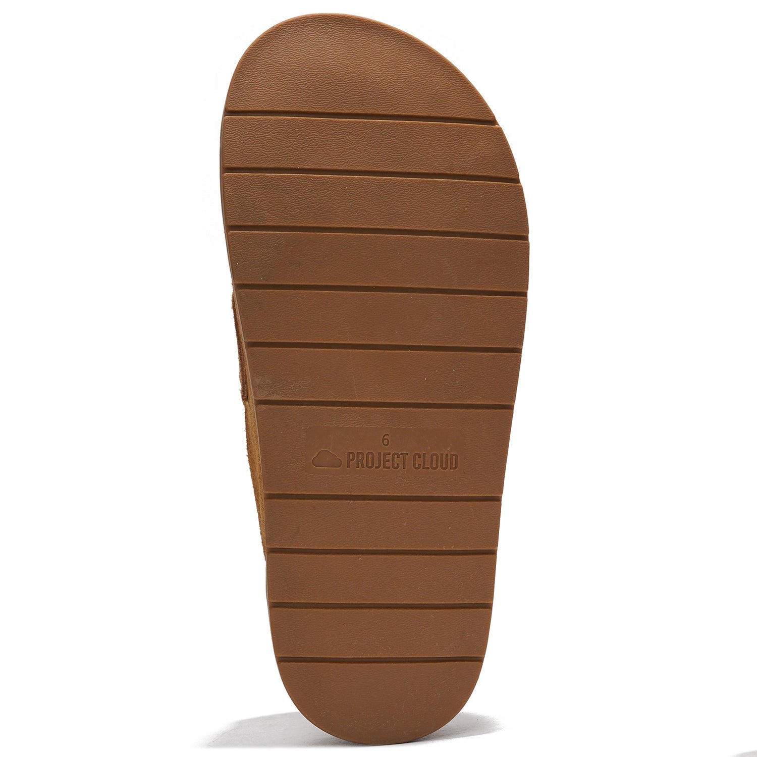 Project Cloud Foamy Clogs sole view. Brown rubber sole with non-slip design and 'Project Cloud' branding.
