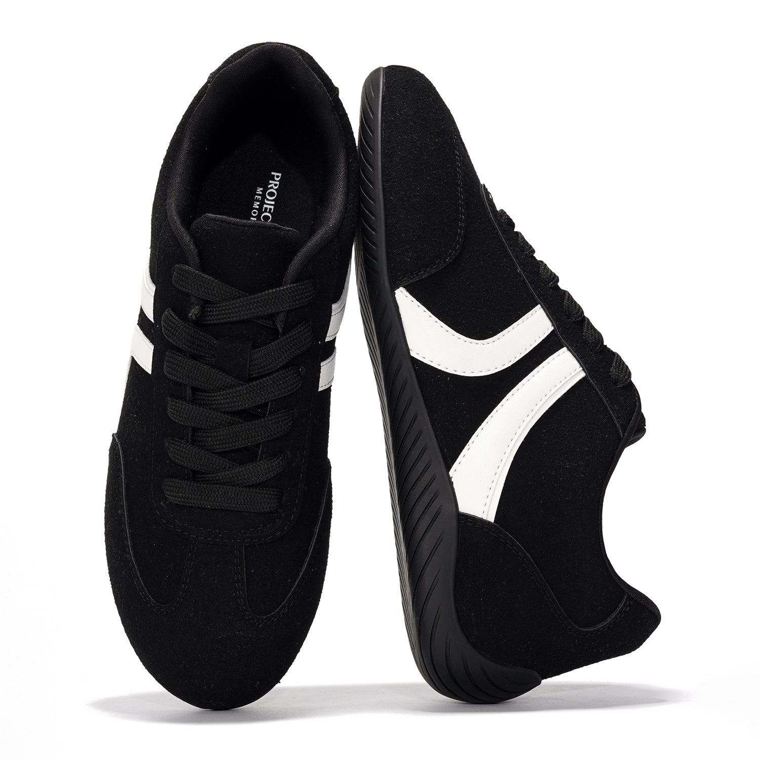 Project Cloud Goal Sneakers for Women in Black Suede with White Stripes. Features memory foam and non-slip sole.