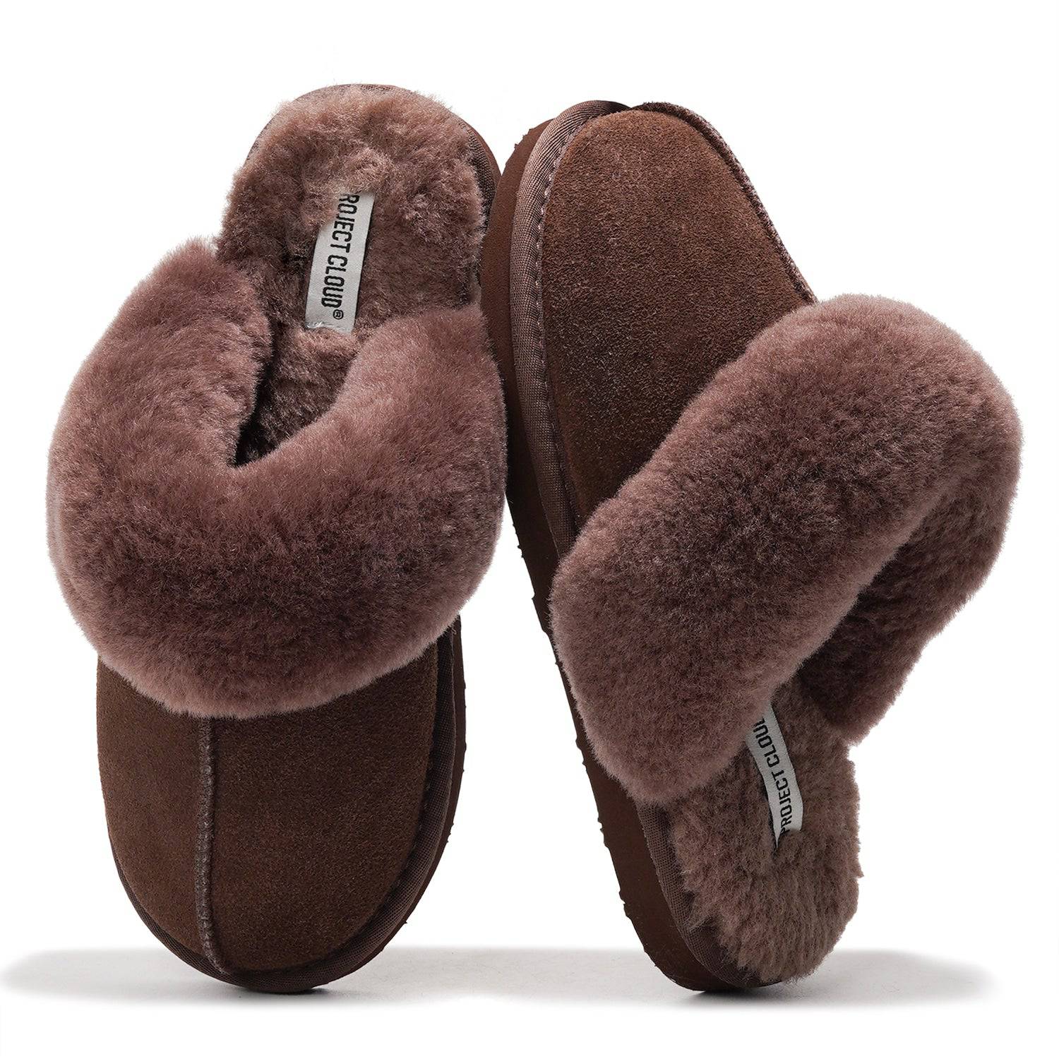 Brown Henka Shearling Slippers by Project Cloud. Genuine suede clogs with plush shearling lining. Indoor/outdoor use.
