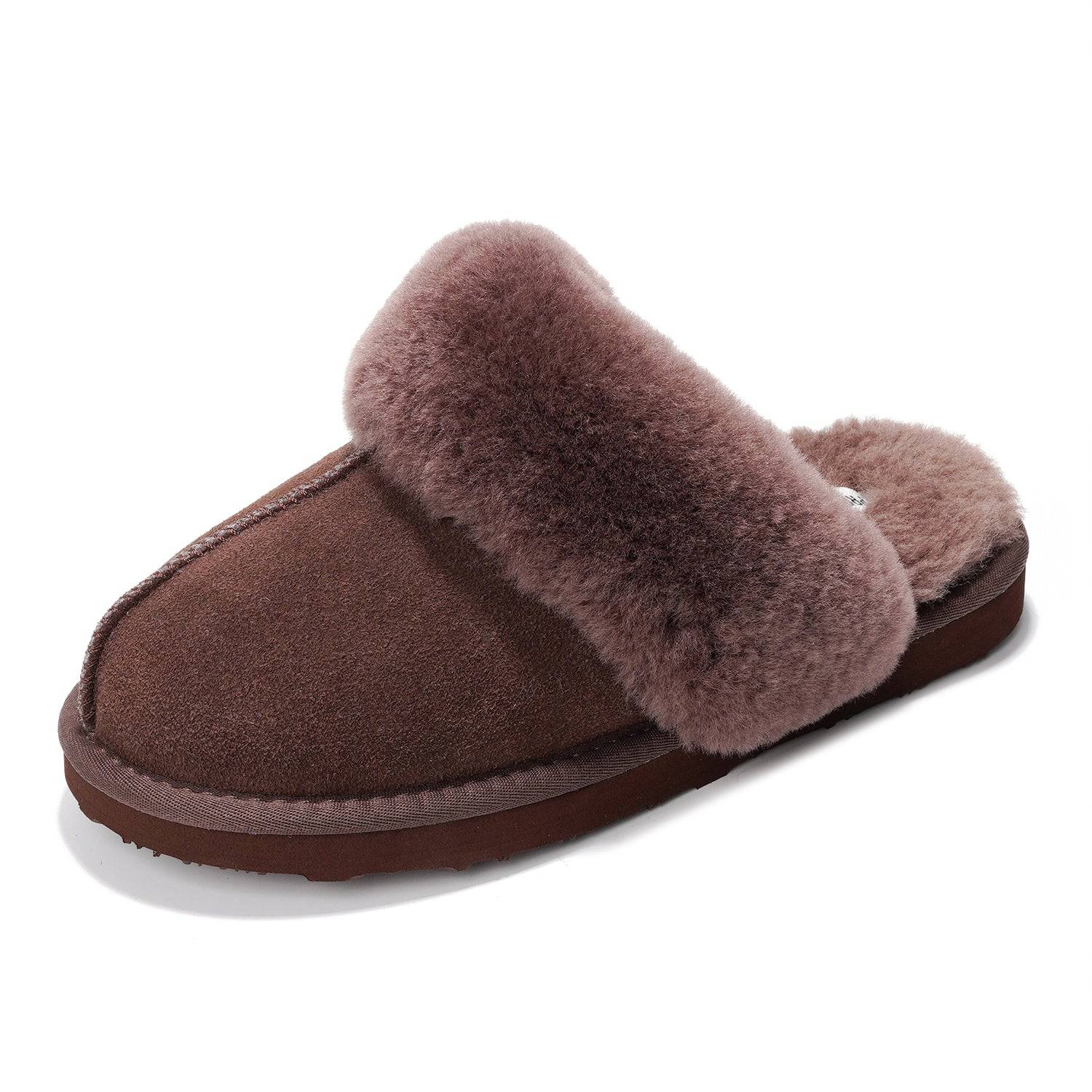 Project Cloud Henka Women's Shearling Slipper in Brown. Genuine suede clog with cozy shearling lining and collar.
