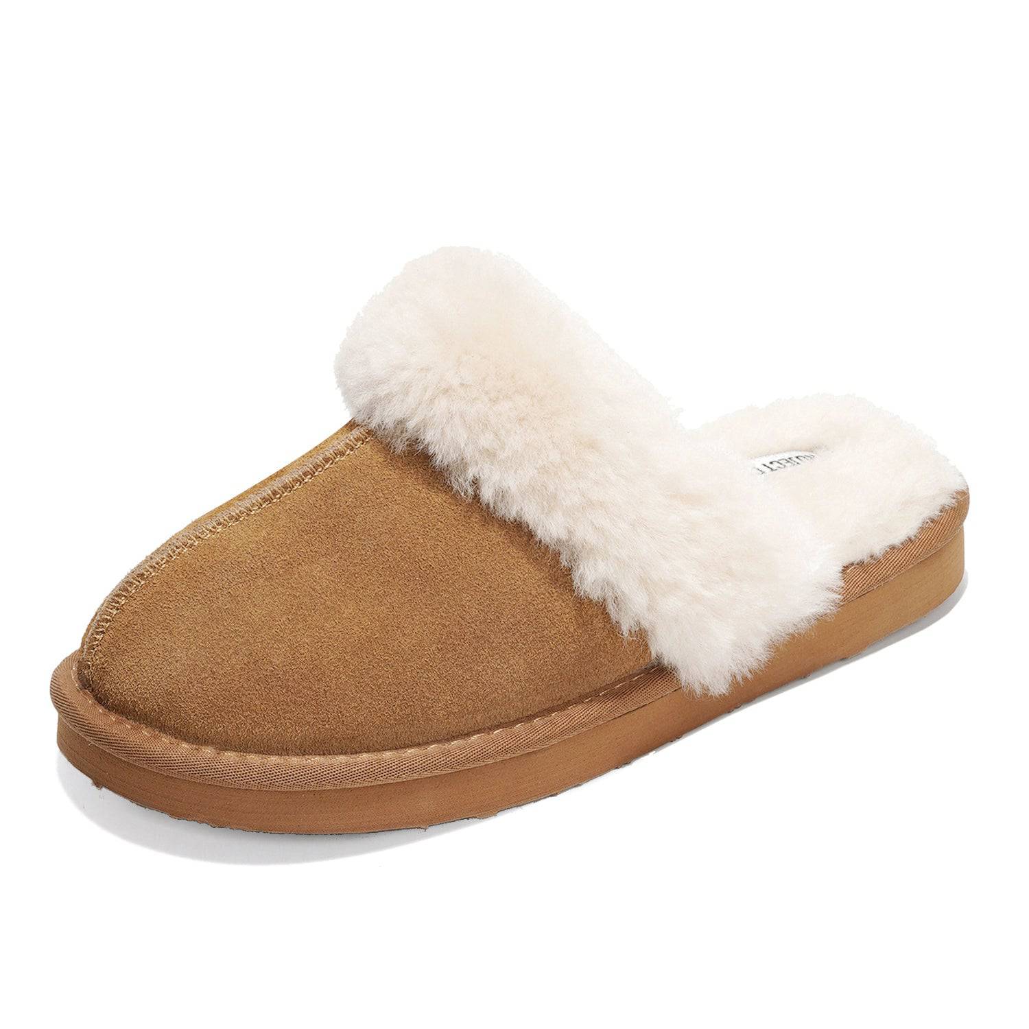 Project Cloud Henka Women's Shearling Slippers in Brown. Genuine suede clogs with plush shearling lining and collar.