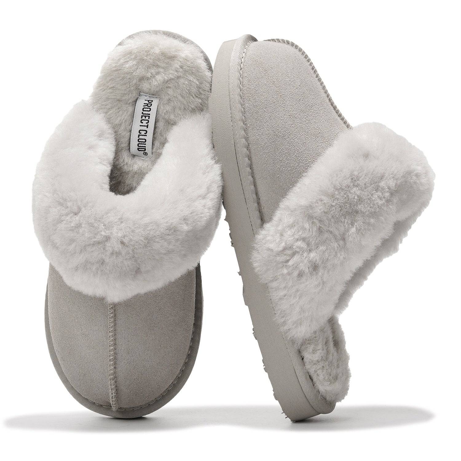 Project Cloud Henka Women's Shearling Slippers in Grey. Genuine suede clogs with plush shearling lining.