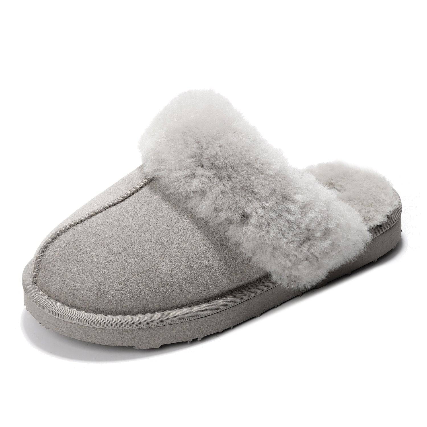 Grey Project Cloud Henka Women's Shearling Slippers. Genuine suede clogs, cozy comfort.