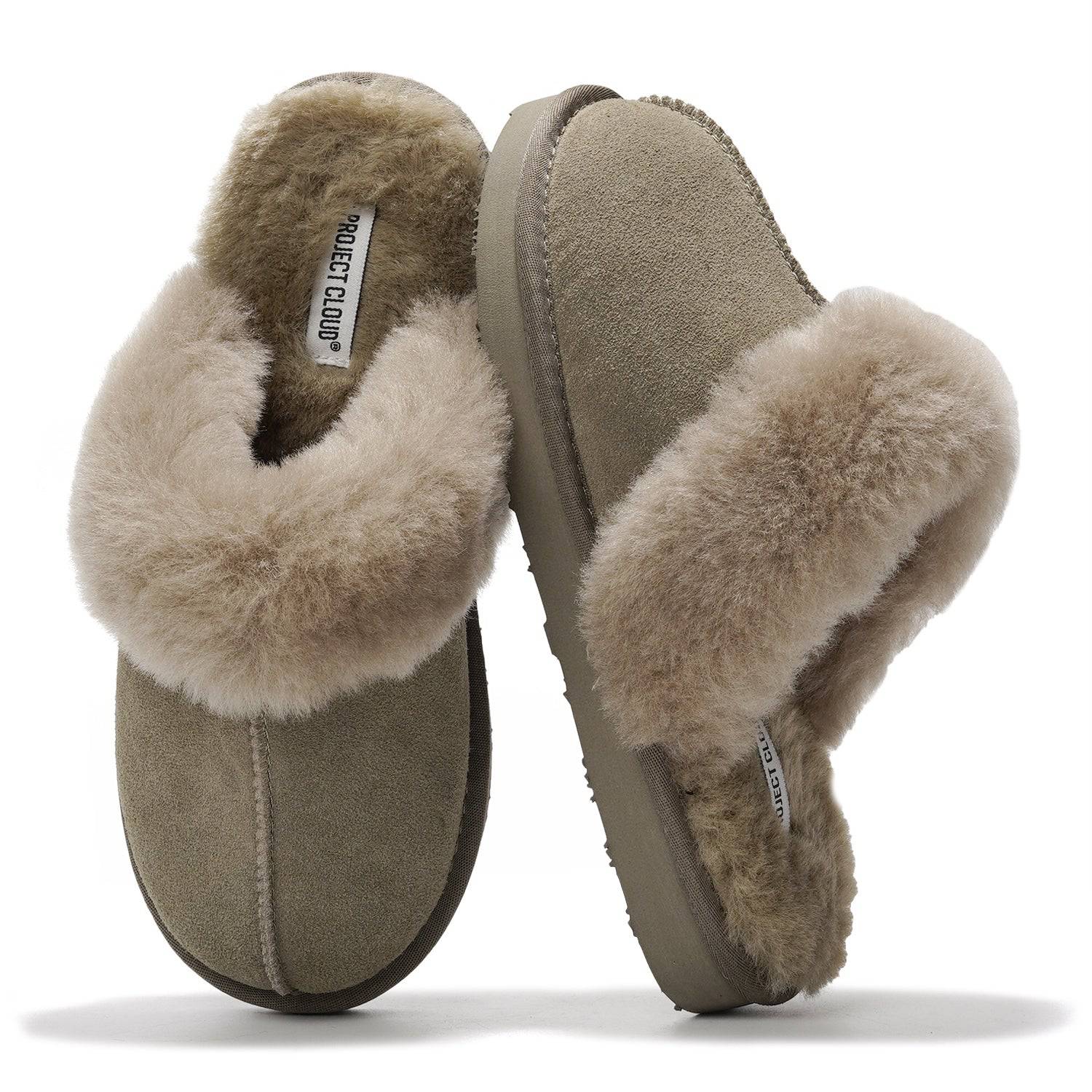 Grey Project Cloud Henka Shearling Slippers, suede clogs with warm shearling lining