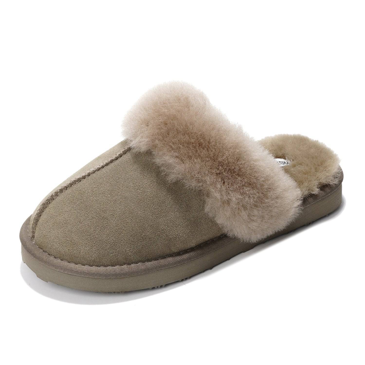 Henka Women's Shearling Slipper, beige suede, plush shearling.