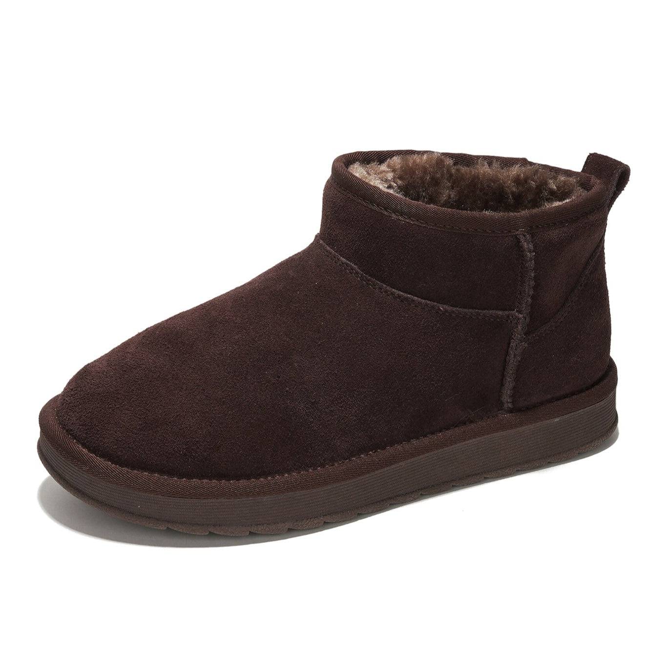 Brown suede Hippy ankle boot for women. Water-resistant winter boots with faux fur lining and memory foam insole.