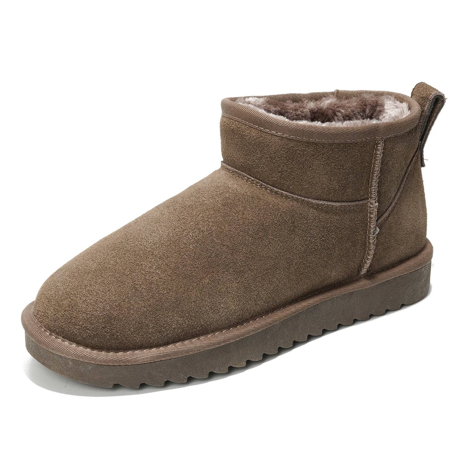 Brown suede hippy ankle boots for women, water-resistant winter boots with faux fur lining and memory foam insole