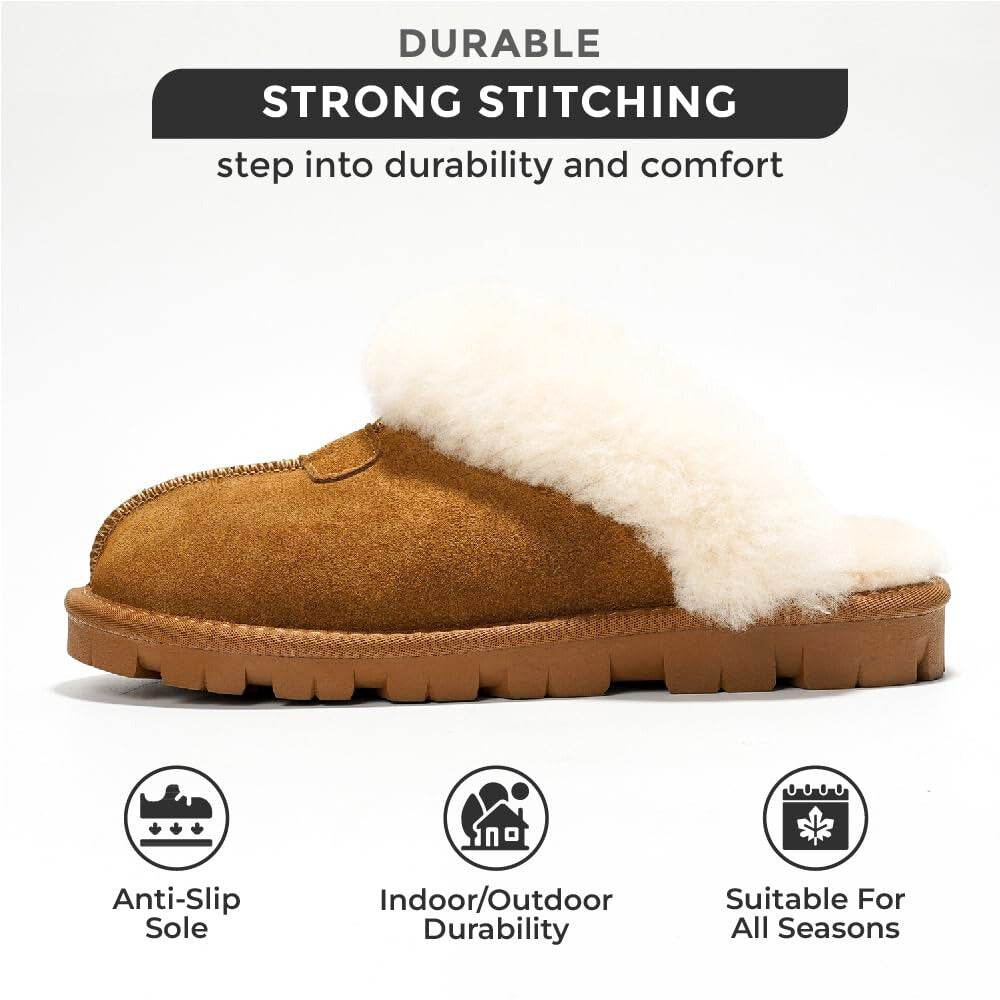 Project Cloud Hedy brown suede slippers with fur lining, durable, and non-slip sole.