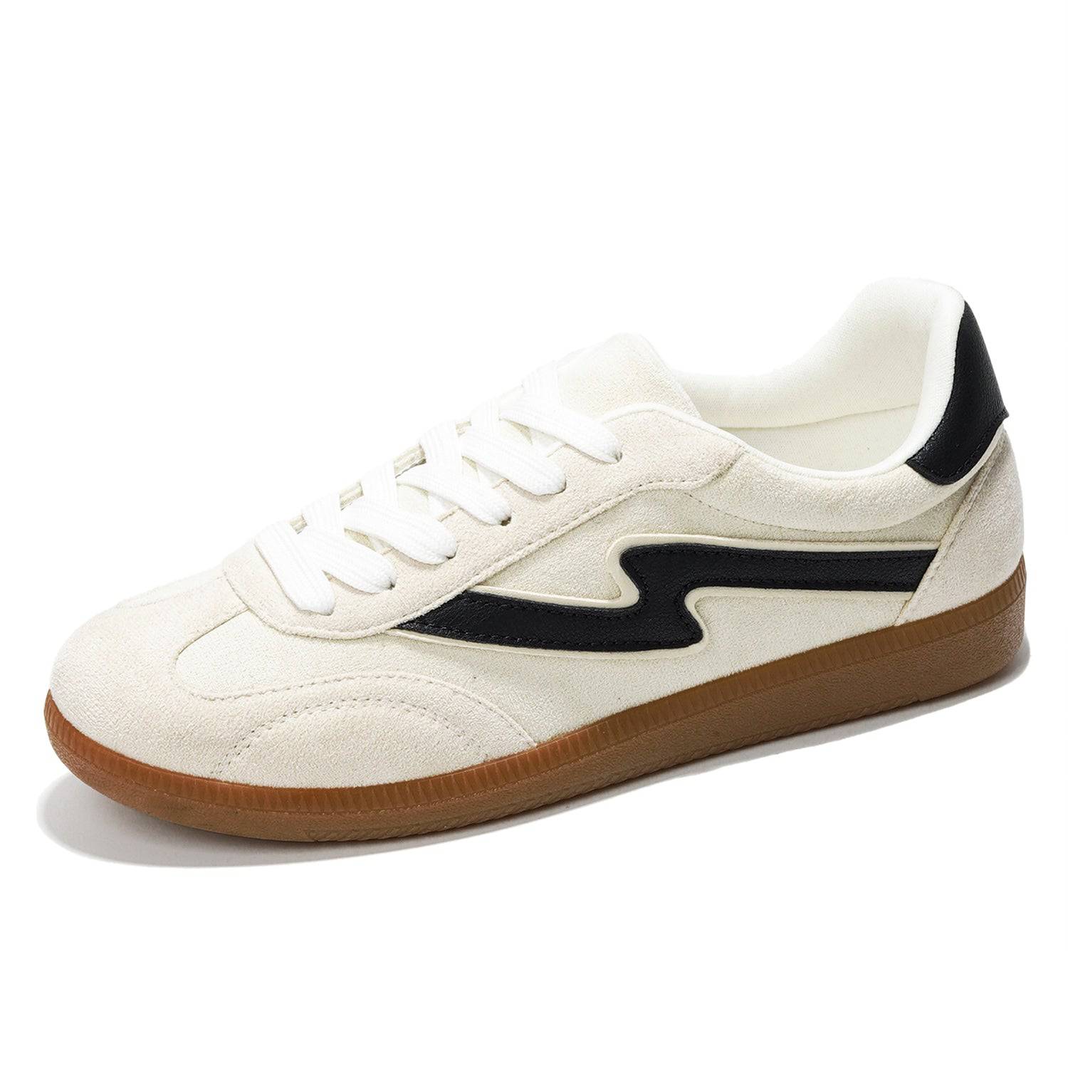 Project Cloud Irita women's sneakers in off-white suede with black accent, brown sole, and lace-up closure