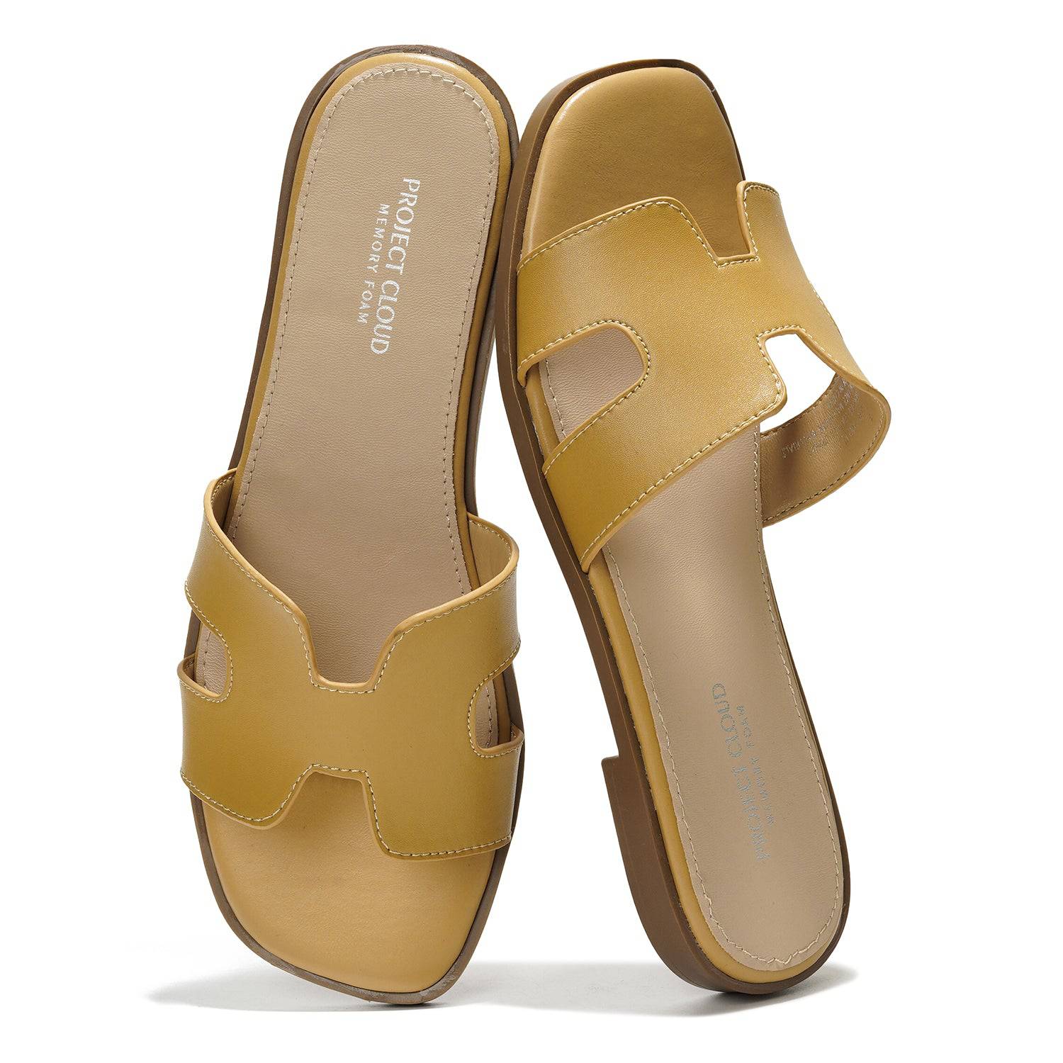 Project Cloud Jannel Summer Sandals, mustard yellow leather slide with memory foam insole, womens slides