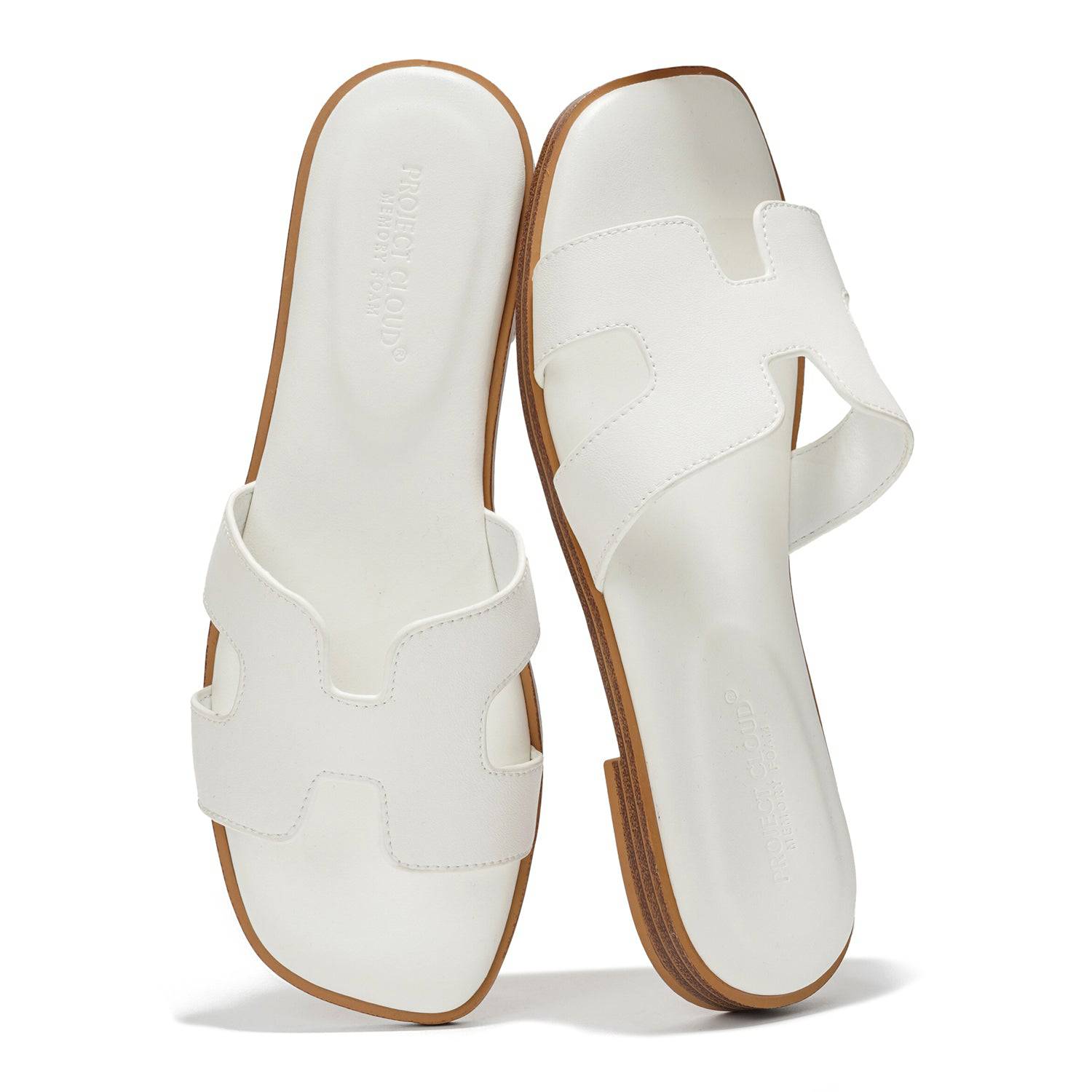 Project Cloud Jannel White Leather Women's Sandals with Memory Foam, Comfortable Slides