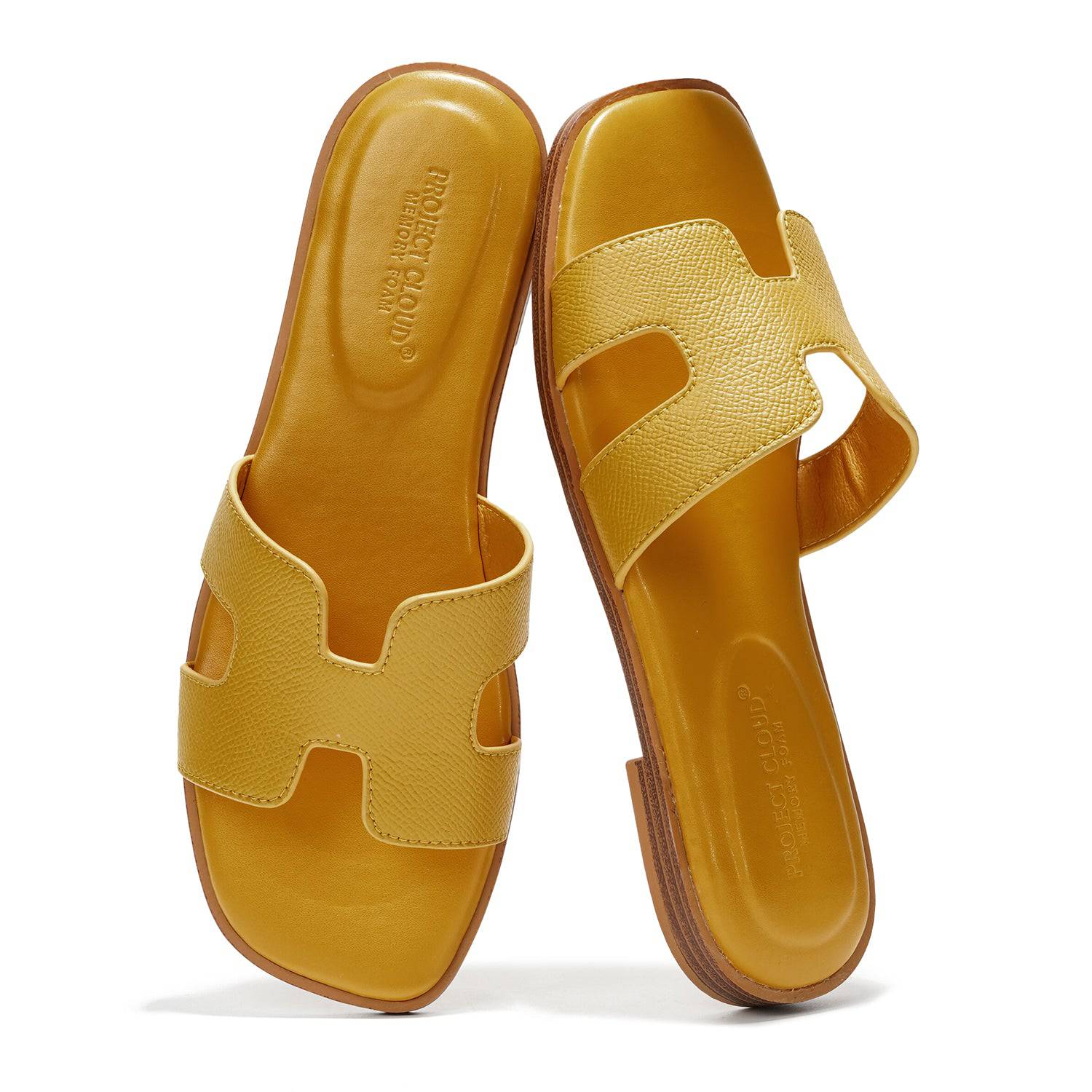 Project Cloud Jannel Yellow Leather Sandals for Women - Memory Foam Slides