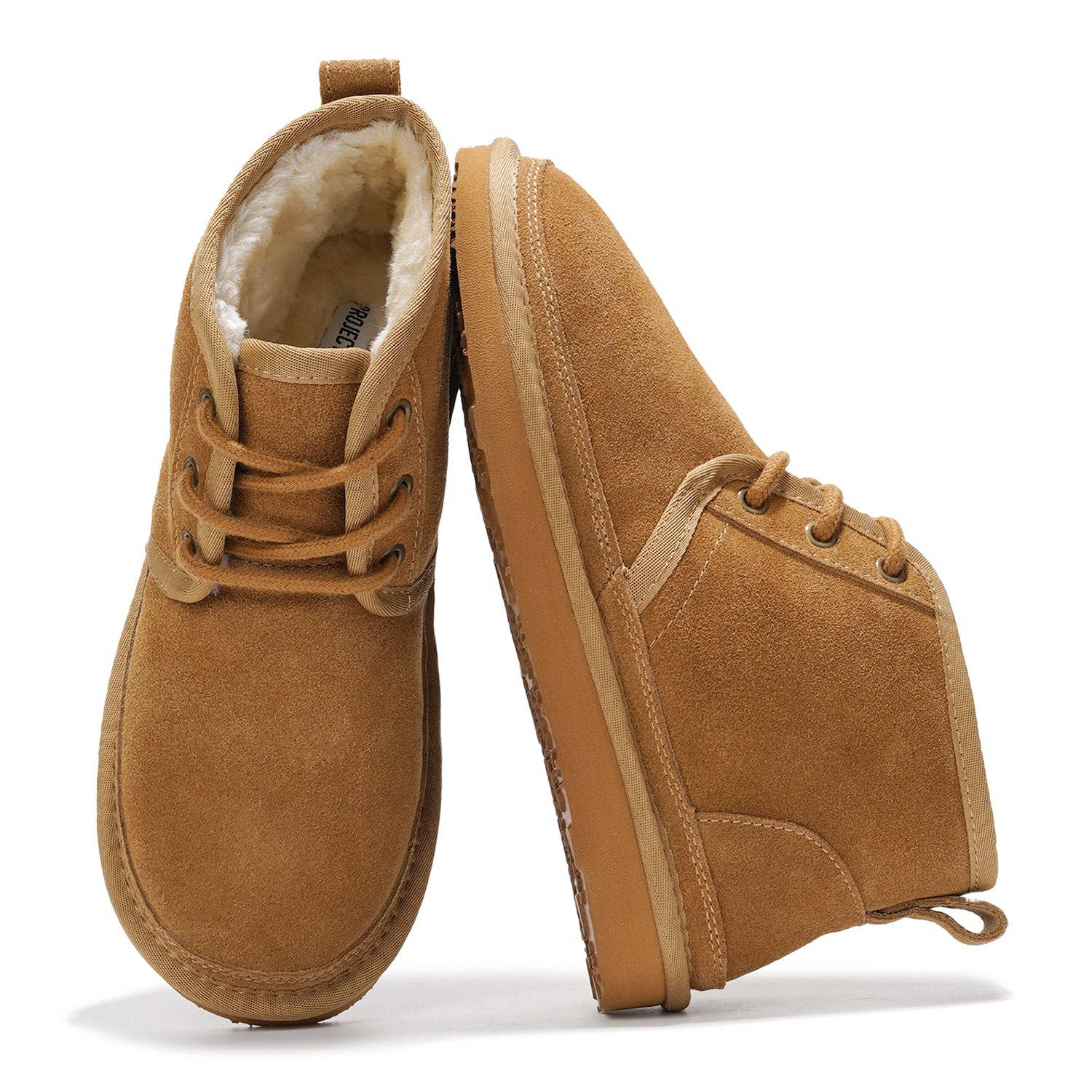 Project Cloud Julee ankle boots for women in tan suede, featuring fur lining and non-slip sole. Perfect for winter comfort.