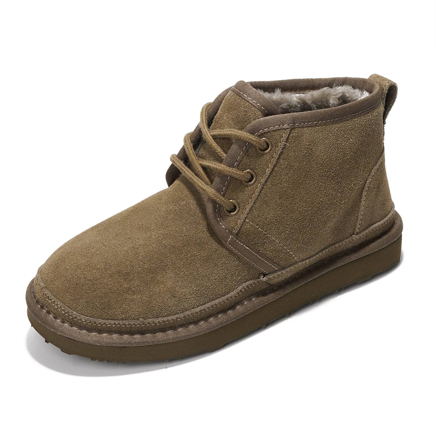 Project Cloud Julee ankle boot for women in tan suede with fur lining and non-slip sole. Winter comfort.