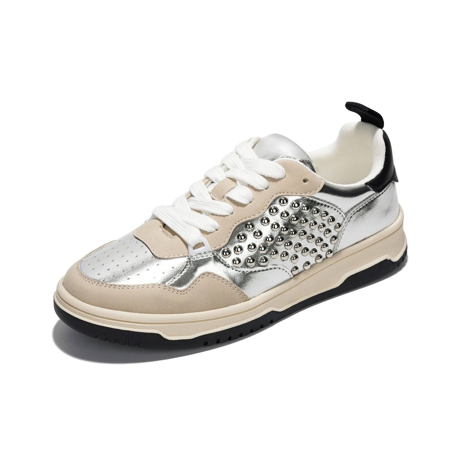 Women's Kiki vegan leather sneakers with silver accents and studs, memory foam, lace-up design, by Project Cloud.
